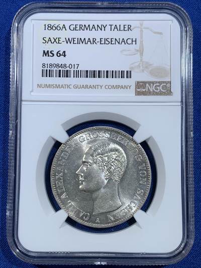 《竞宝斋》第445场 周日，周一，2场连拍 （全场包邮） - 冠军分 NGC MS64 德国 1866年 萨克森-魏玛-埃森纳赫纹章泰勒 令人惊叹的细节工艺 十字车轮光更显不易 难以逾越的状态