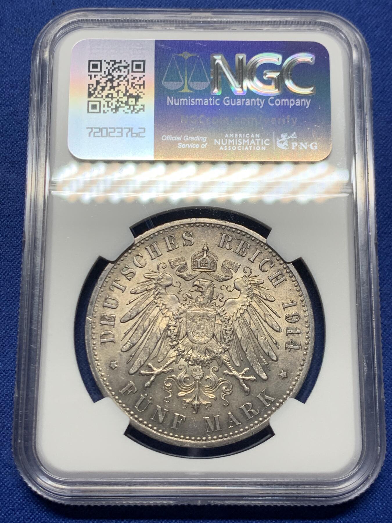 《竞宝斋》第445场 周日，周一，2场连拍 （全场包邮） NGC MS61 德国1914年普鲁士威廉二世军装5马克银币