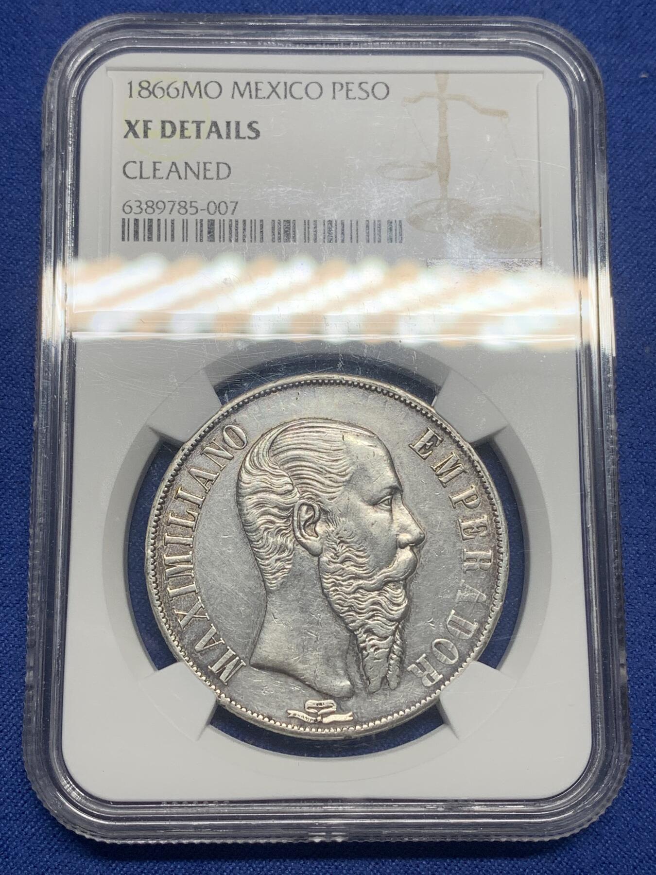 《竞宝斋》第445场 周日，周一，2场连拍 （全场包邮） NGC XFD 墨西哥第二帝国 1866年-MO 1比索 银币 短命政权 仅存在3年 马西米连诺皇帝在位时期发行 细节良好 热门品种