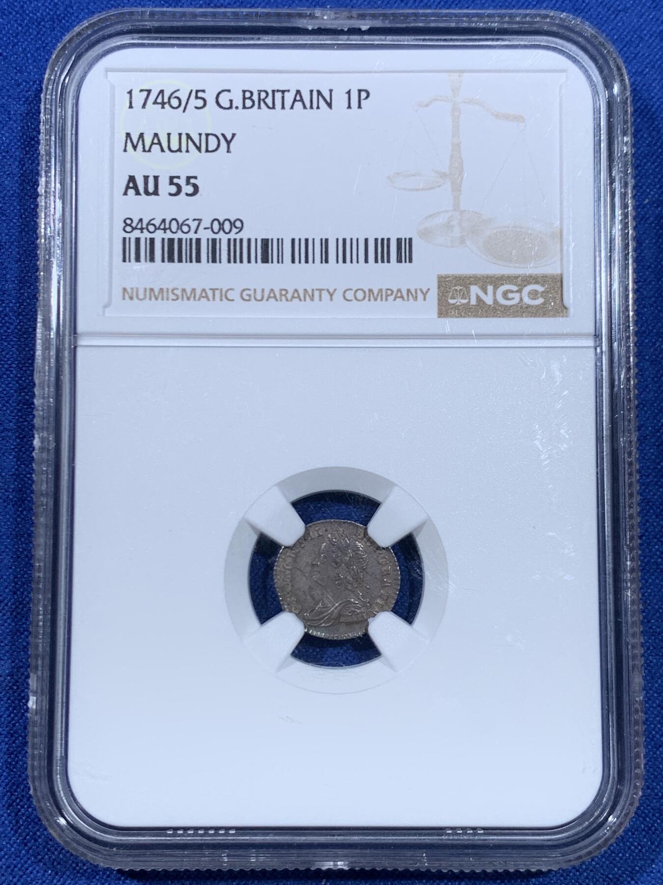 《竞宝斋》第445场 周日，周一，2场连拍 （全场包邮） 四枚一组 NGC AU55/MS63/MS62/UNCD 英国1746年乔治二世1/2/3/4便士银币 2便士盒子右下角有磕