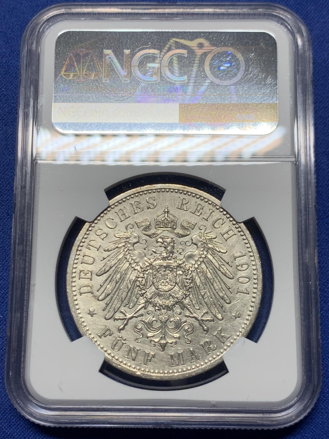 《竞宝斋》第445场 周日，周一，2场连拍 （全场包邮） NGC AUD 德国1901年普鲁士建国200周年5马克银币