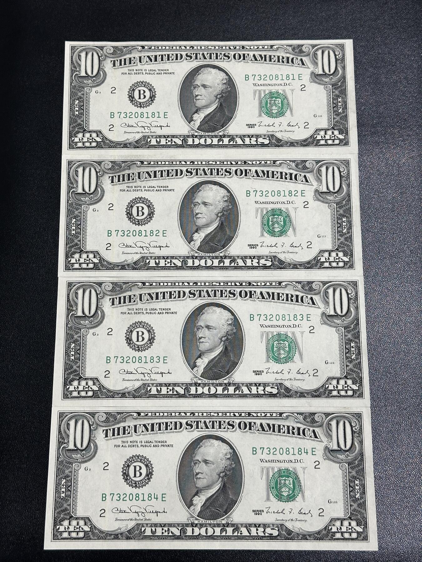 《外钞收藏家》第五百九十二期（精选场）（本平台长期征集拍品、欢迎藏友们联系合作） 1990年美国小头版10美元 4连号 UNC-