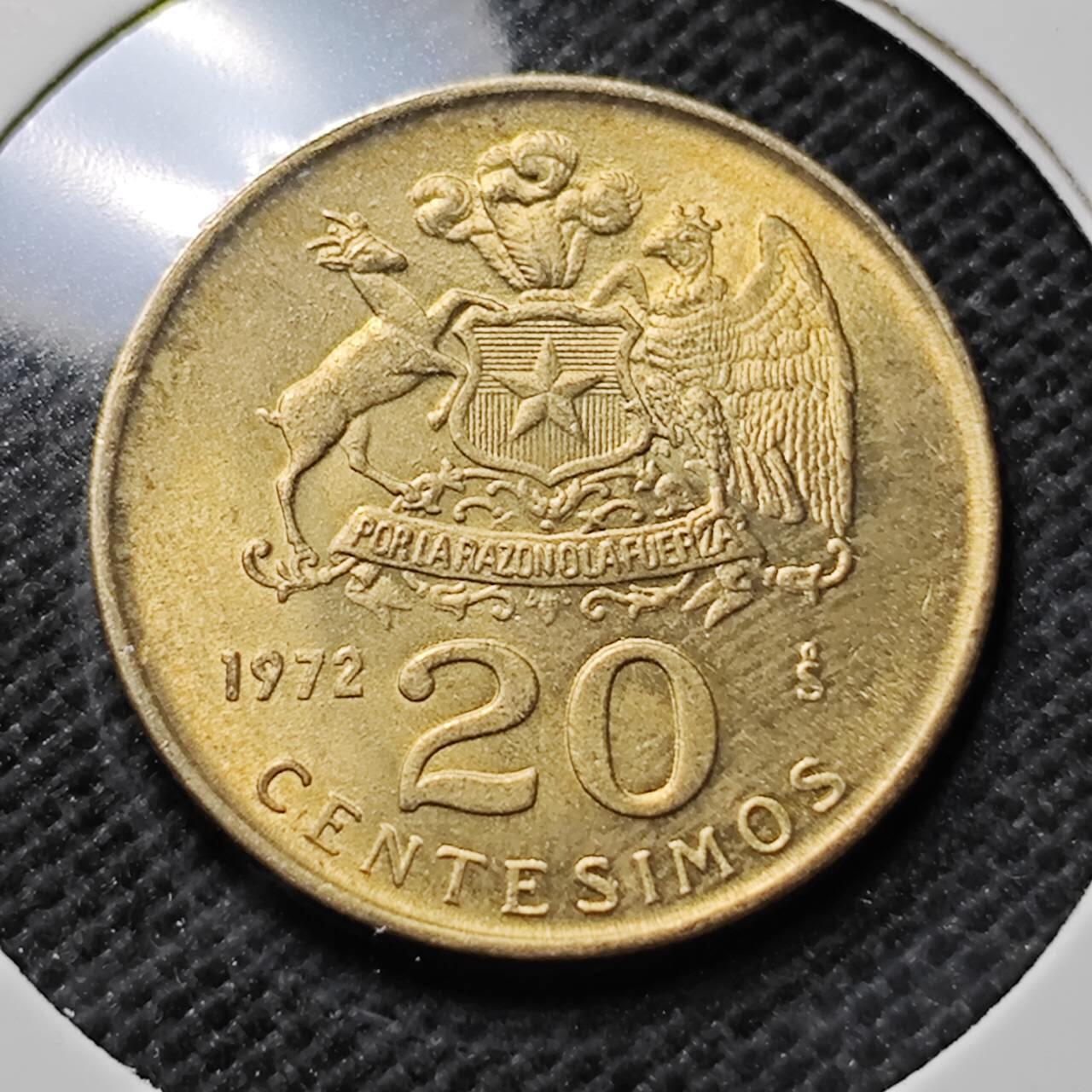 KK钱币收藏小铺 第375期  2月预留时间 周末发货  1972智利20分铜币 好品