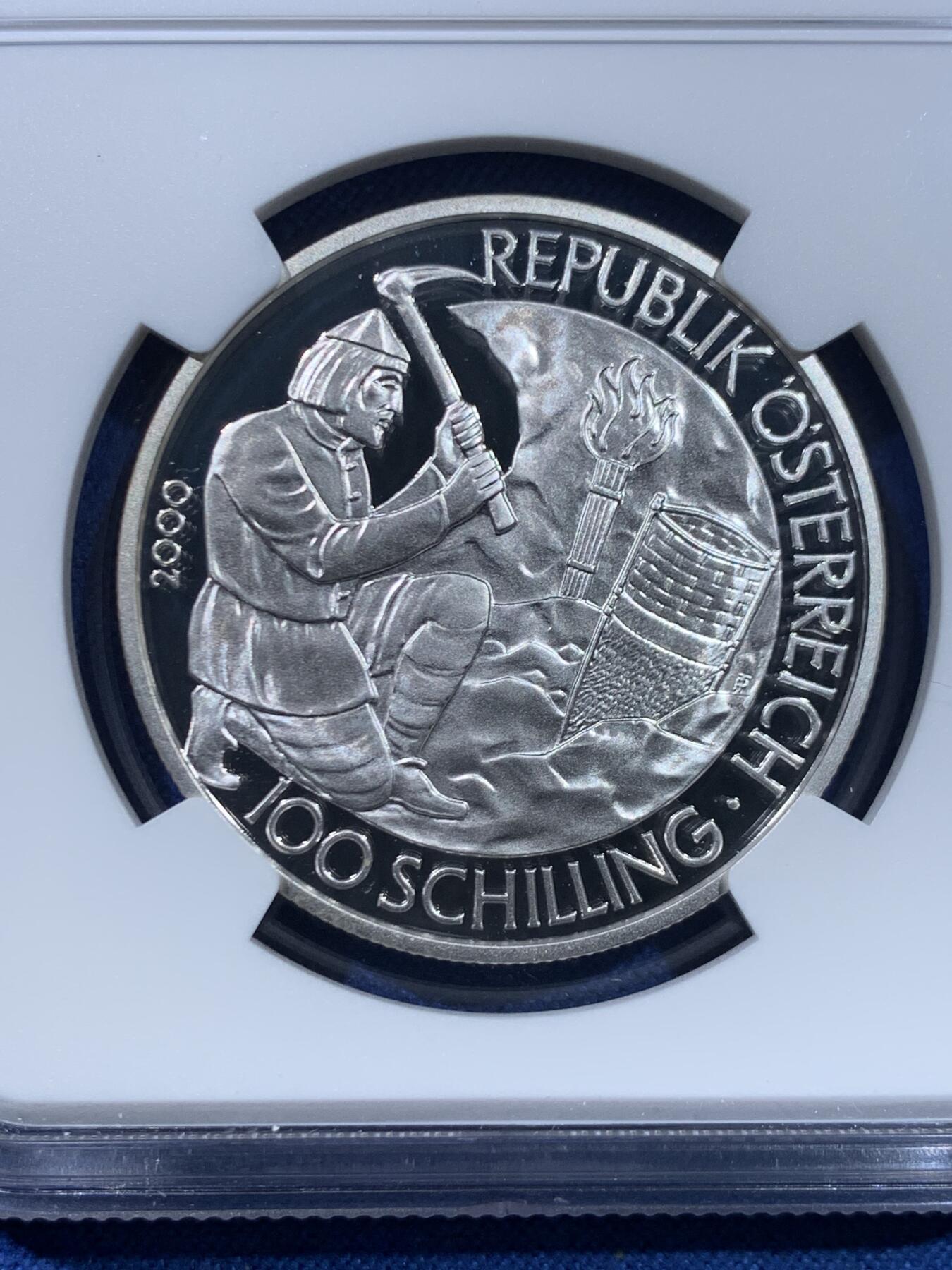 《竞宝斋》第445场 周日，周一，2场连拍 （全场包邮） 获奖币 NGC PF69UC 奥地利2000年凯尔特人开采盐矿100先令精制纪念银币（18克重，900银，盒证齐全，发行量5万枚）荣膺克劳斯世界硬币大赛2002年最佳克朗币（千禧年获奖币）