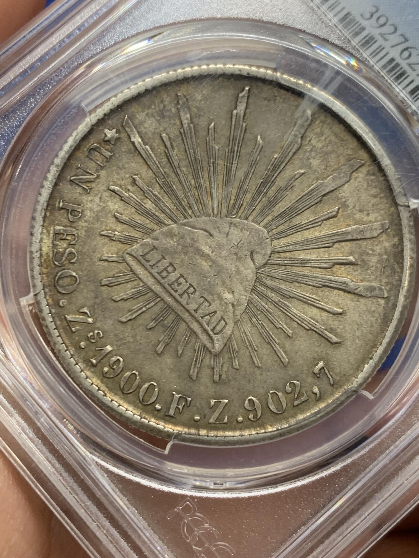 《竞宝斋》第445场 周日，周一，2场连拍 （全场包邮） PCGS MS62 墨西哥 1900ZS FZ 鹰洋 双面酱彩 币面字口深打老味道，极美收藏，一步到位。
