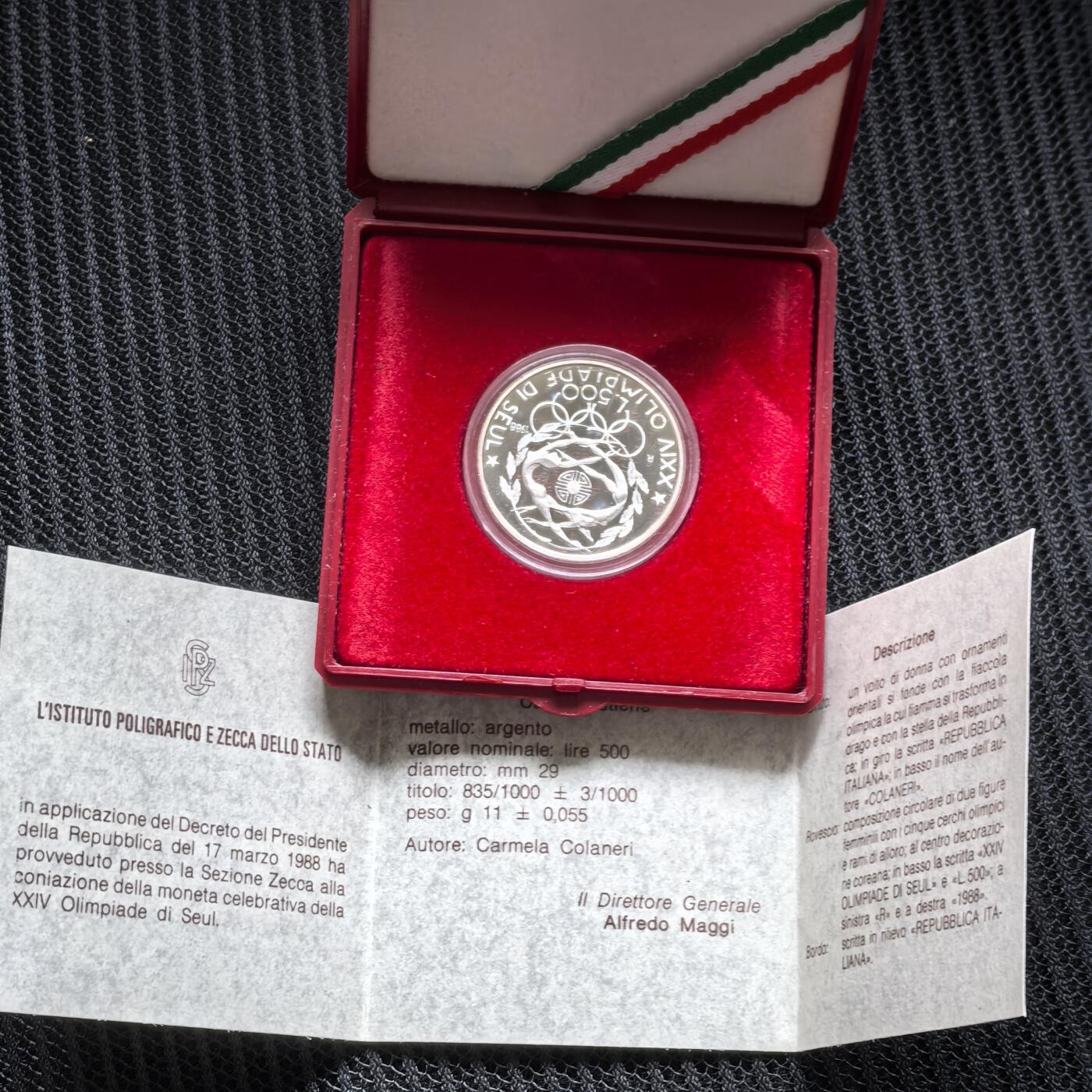 道一币馆币章第一百五十八场 原盒证 意大利1988年汉城奥运会500里拉精制银币 13000