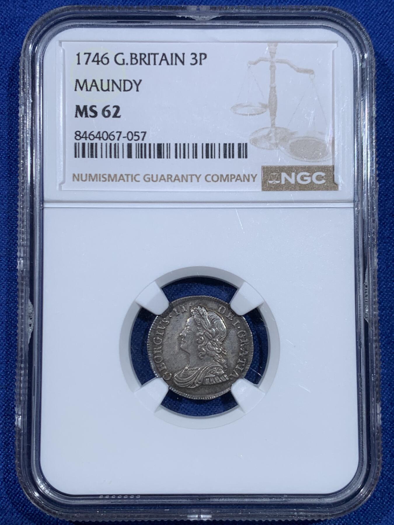 《竞宝斋》第445场 周日，周一，2场连拍 （全场包邮） 四枚一组 NGC AU55/MS63/MS62/UNCD 英国1746年乔治二世1/2/3/4便士银币 2便士盒子右下角有磕