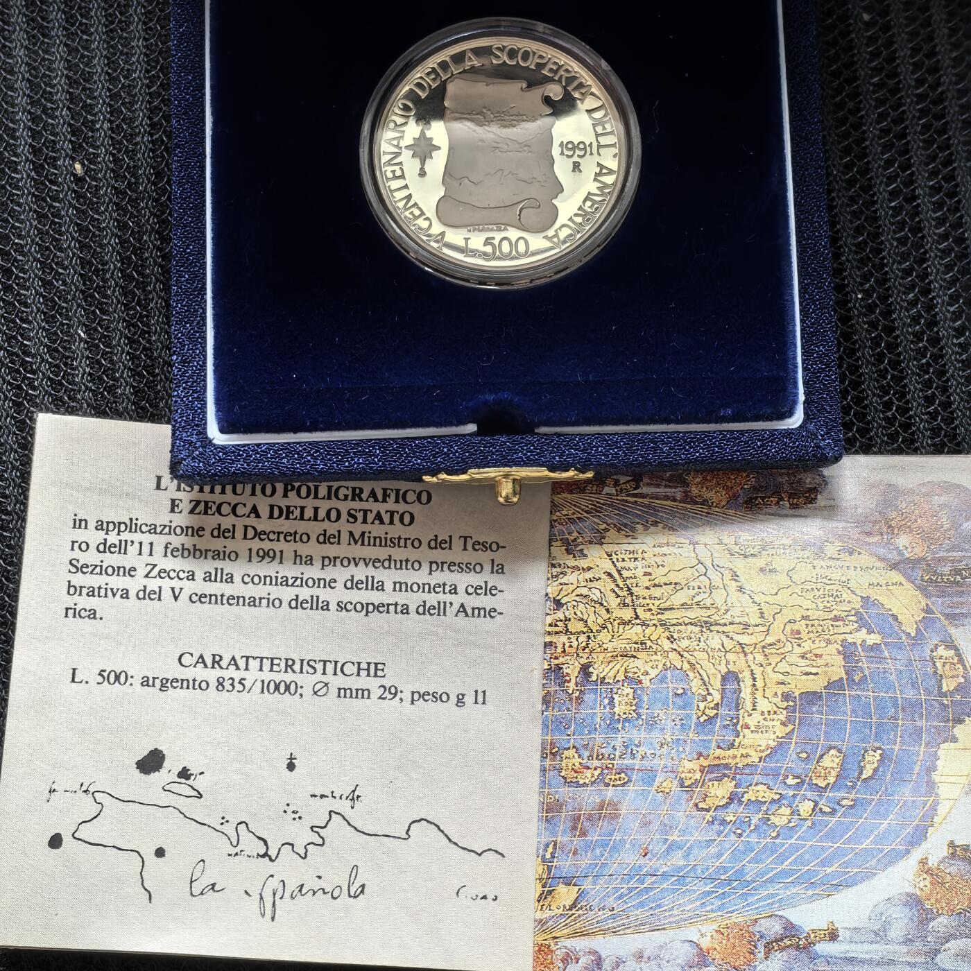 道一币馆币章第一百五十八场 原盒证 意大利1991年发现美洲大陆500周年500里拉精制银币 25000