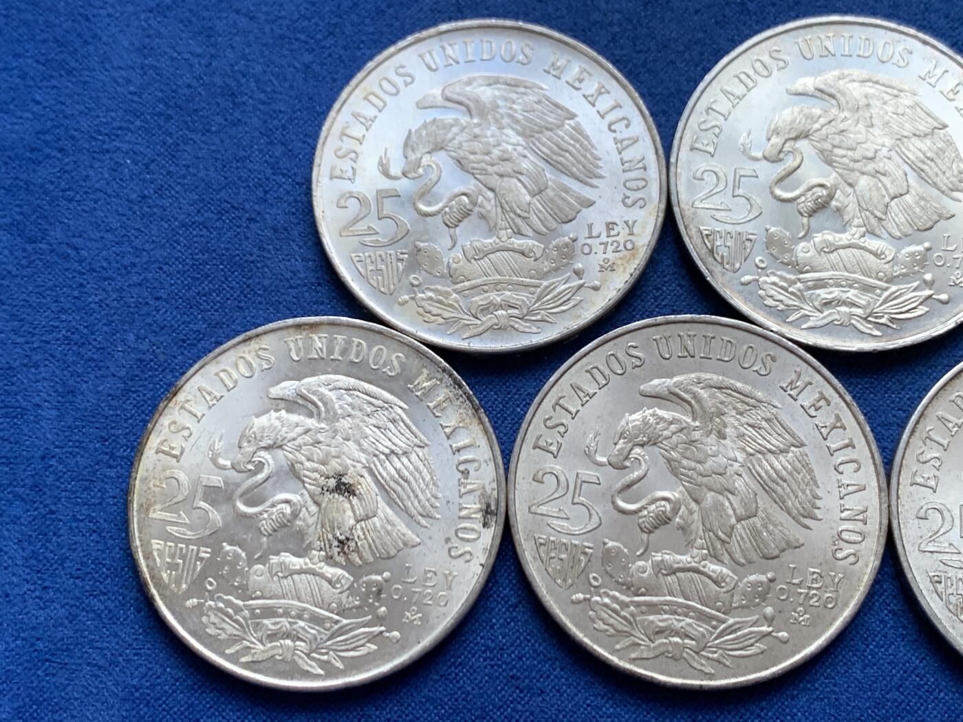 《竞宝斋》第445场 周日，周一，2场连拍 （全场包邮） 六枚一组 墨西哥1968年25比索奥运纪念银币 总重约134.7克