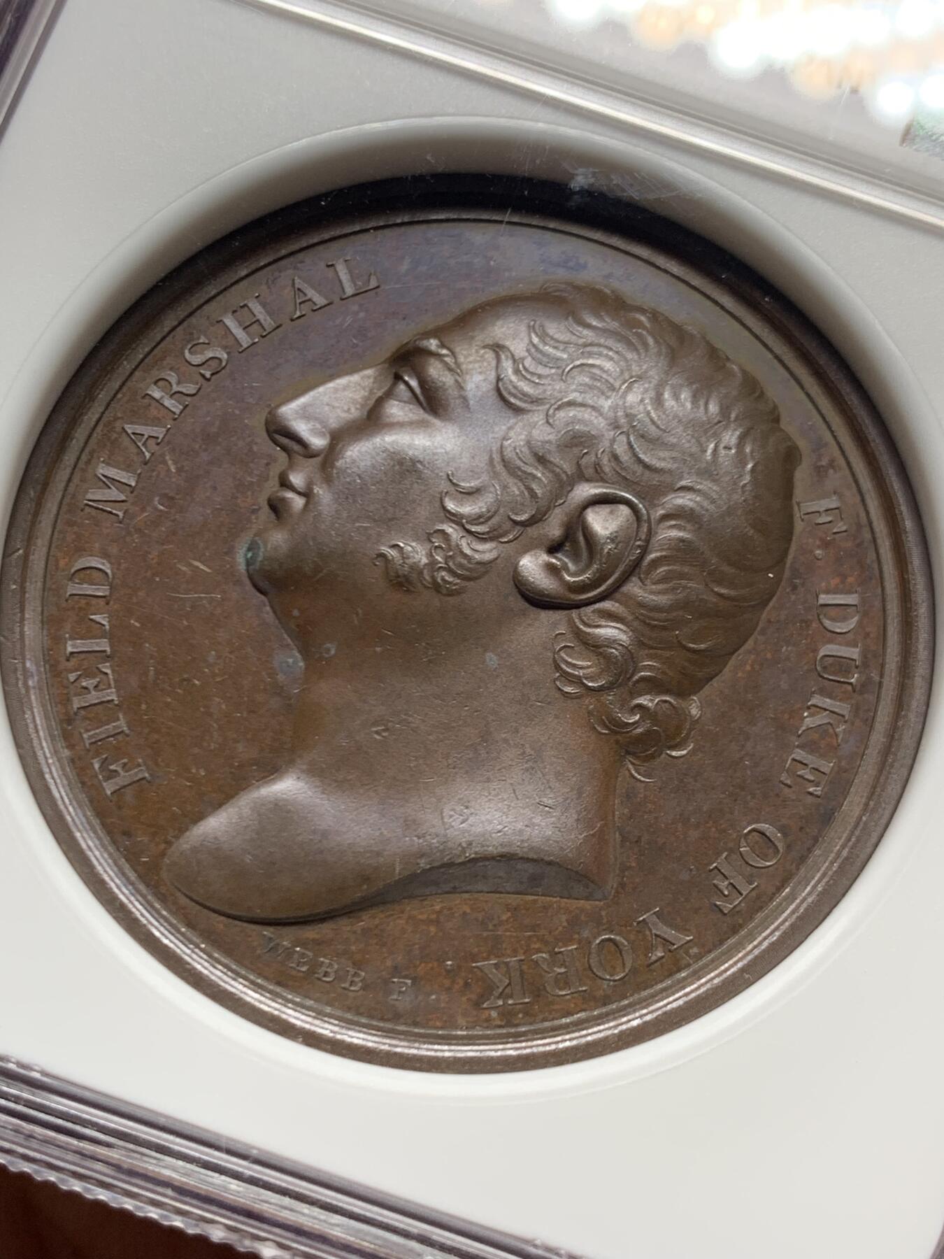 《竞宝斋》第445场 周日，周一，2场连拍 （全场包邮） NGC MS62BN 1813年英国约克公爵皇家军事学院铜章，纪念英国胜利系列第十一枚奖章，加厚盒装。