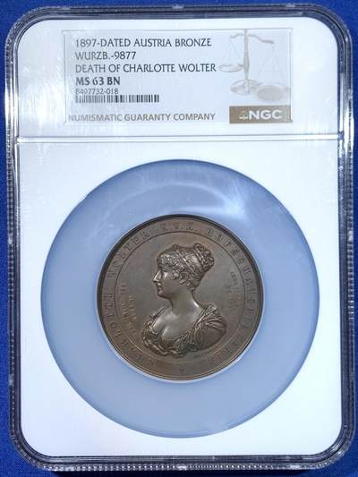《竞宝斋》第445场 周日，周一，2场连拍 （全场包邮） - NGC MS63BN 奥地利1897夏洛特·沃尔特纪念铜章 加大加厚盒