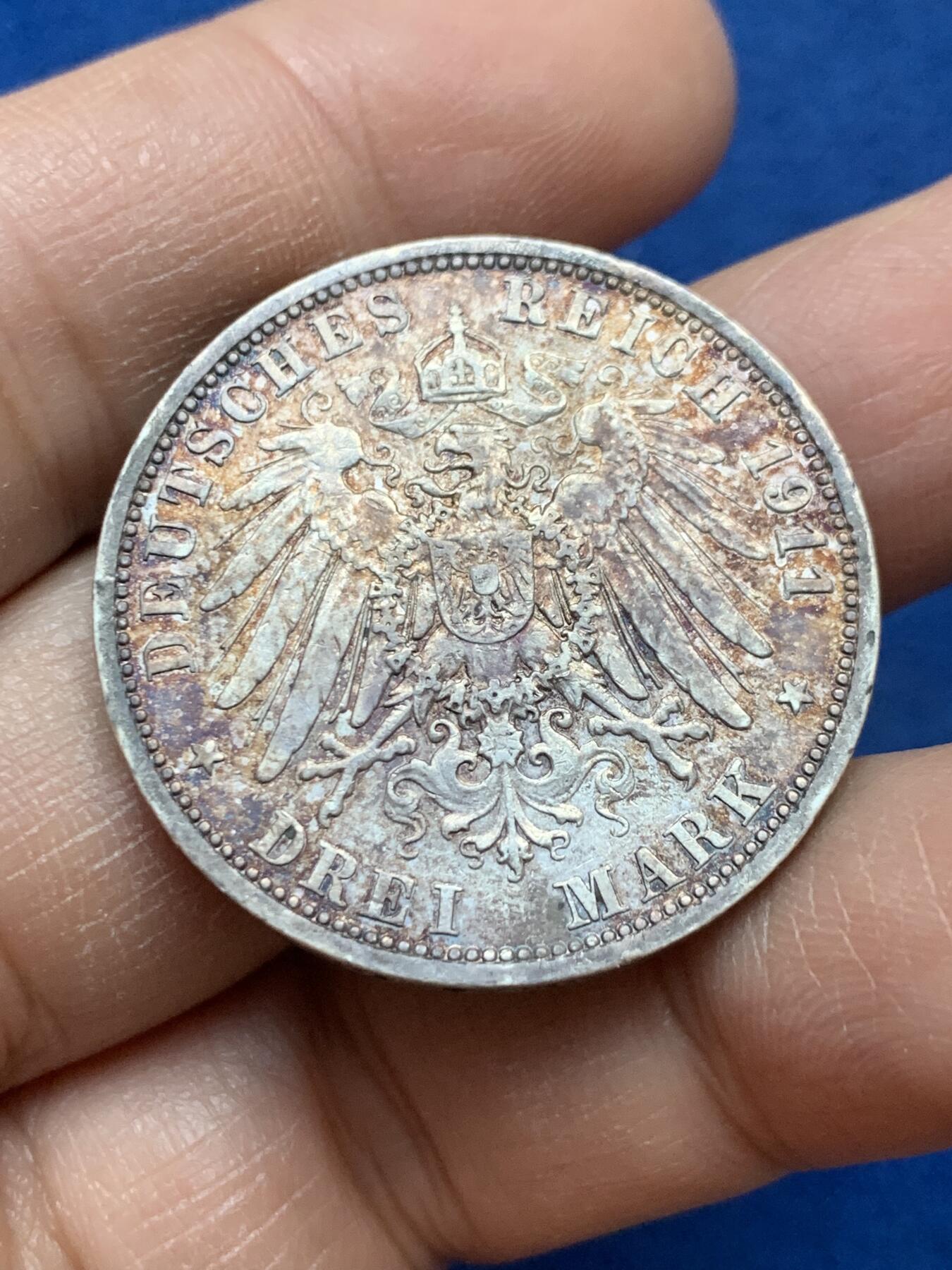 《竞宝斋》第445场 周日，周一，2场连拍 （全场包邮） 德国普鲁士1911年威廉二世流通3马克银币