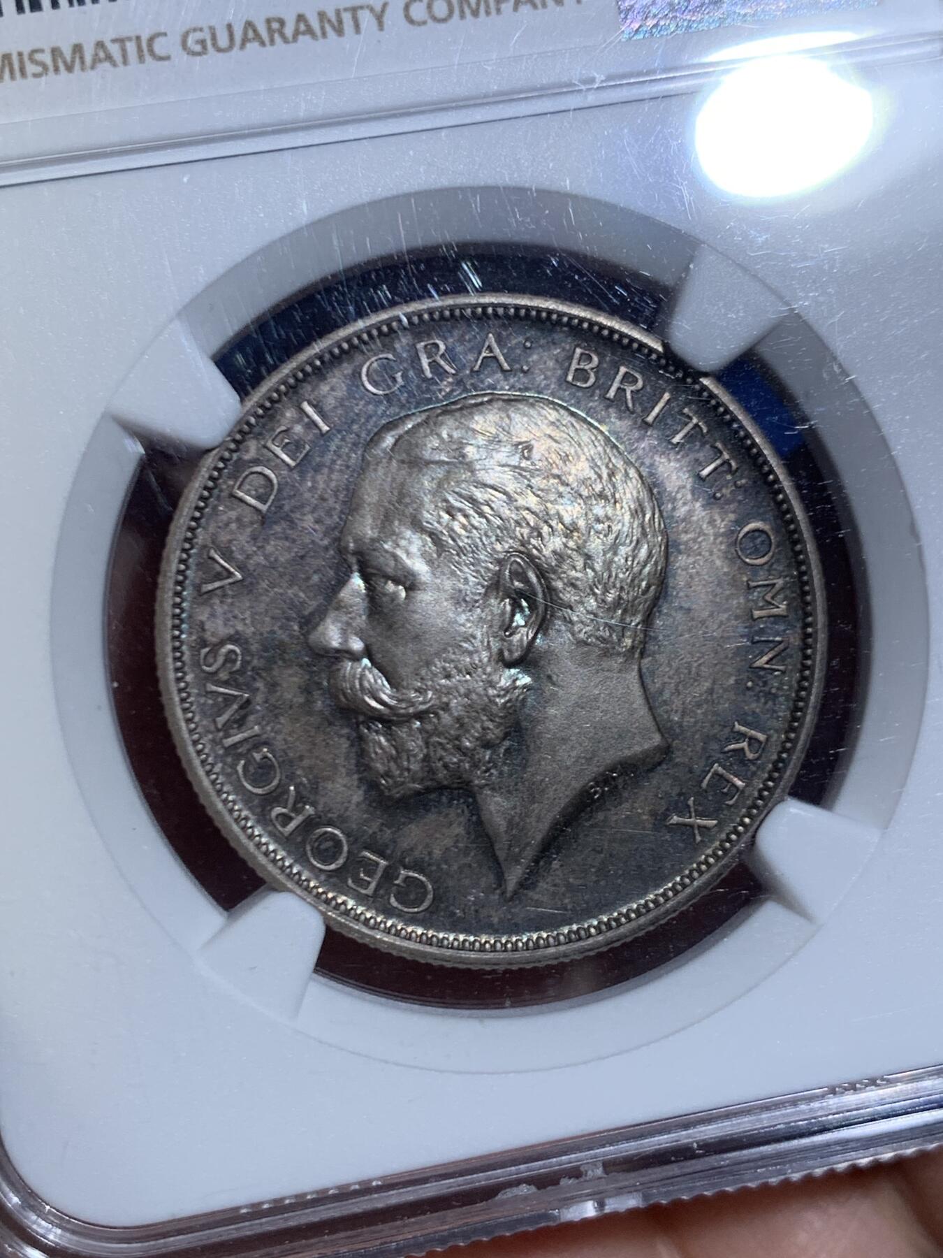 《竞宝斋》第445场 周日，周一，2场连拍 （全场包邮） NGC PF65 英国 1911年 乔治五世 精制半克朗 乔治五世登基首年最大面值 双面五彩包浆 高分难得