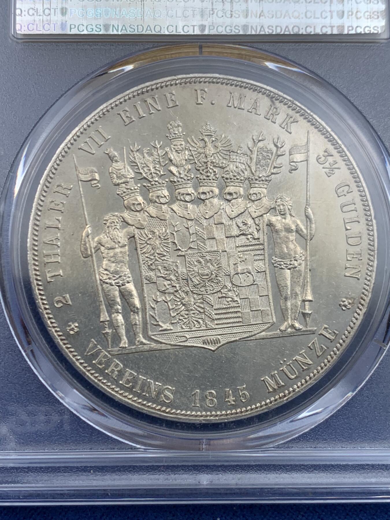 《竞宝斋》第445场 周日，周一，2场连拍 （全场包邮） PCGS MS63 德国施瓦茨堡1845年弗里德里希·卡尔二世2泰勒大银币 亚军分 更高分仅一枚
