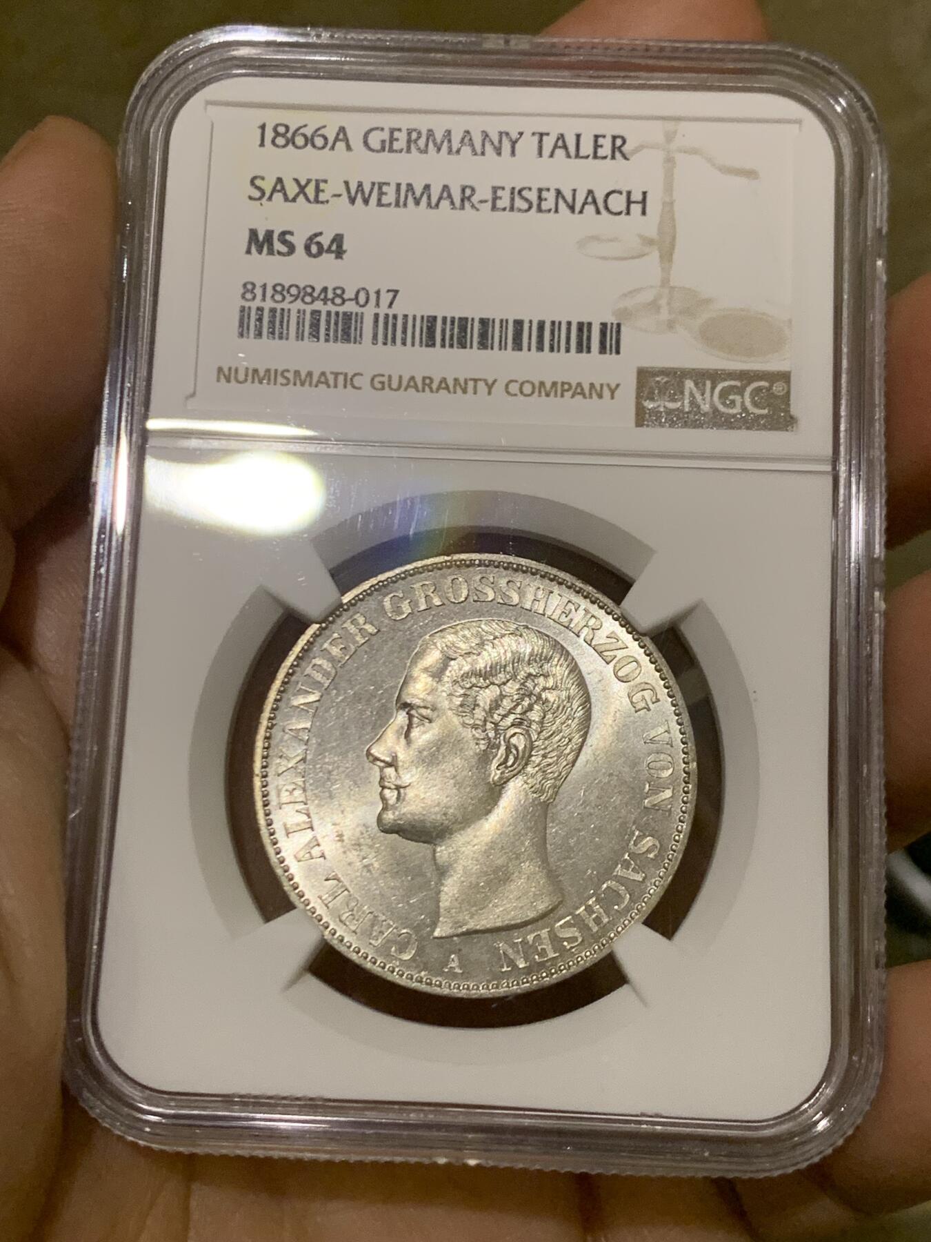 《竞宝斋》第445场 周日，周一，2场连拍 （全场包邮） 冠军分 NGC MS64 德国 1866年 萨克森-魏玛-埃森纳赫纹章泰勒 令人惊叹的细节工艺 十字车轮光更显不易 难以逾越的状态