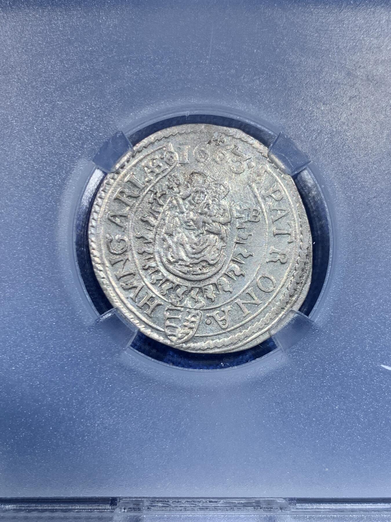 《竞宝斋》第445场 周日，周一，2场连拍 （全场包邮） TQG AUD 匈牙利王国利奥波德一世 1663年 3克鲁泽打制银币 背面经典圣母抱婴图案 稀缺品种