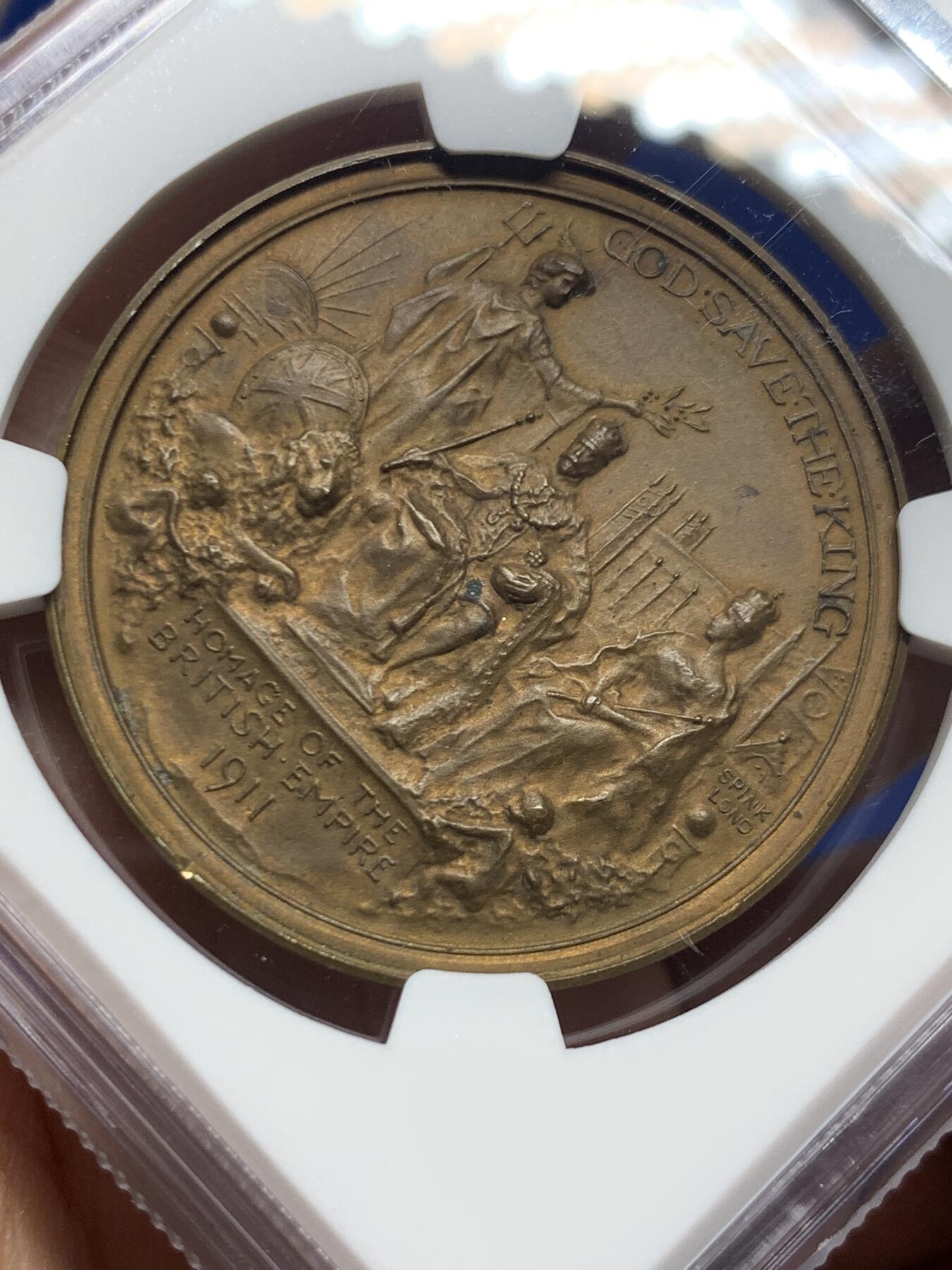 《竞宝斋》第445场 周日，周一，2场连拍 （全场包邮） NGC MS63 英国1911年乔治五世加冕纪念铜章