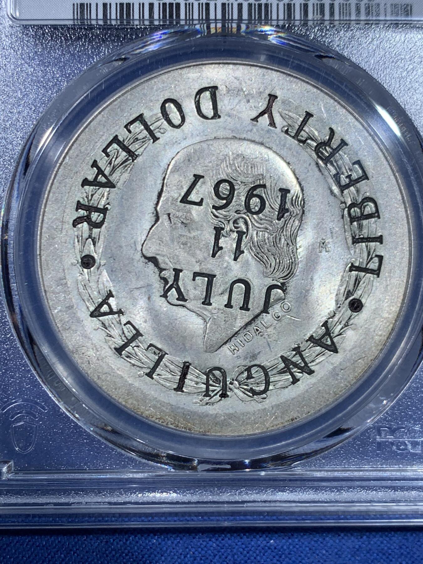 《竞宝斋》第445场 周日，周一，2场连拍 （全场包邮） PCGS MS63 安圭拉1967年加盖墨西哥1元银币 原光高分