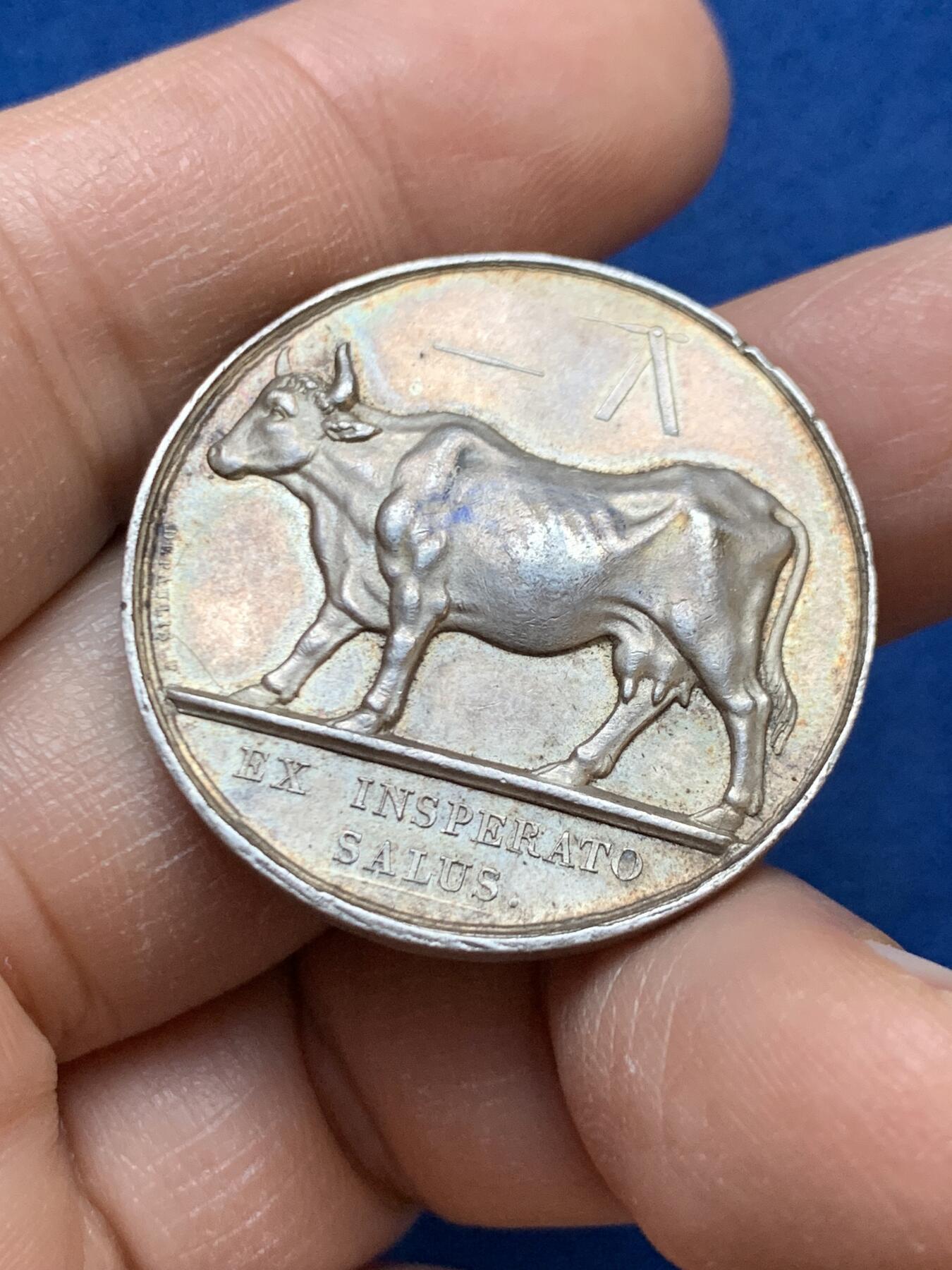 《竞宝斋》第445场 周日，周一，2场连拍 （全场包邮） 法国巴黎疫苗接种银质代币 神灯边铭 13.05克 32.3mm