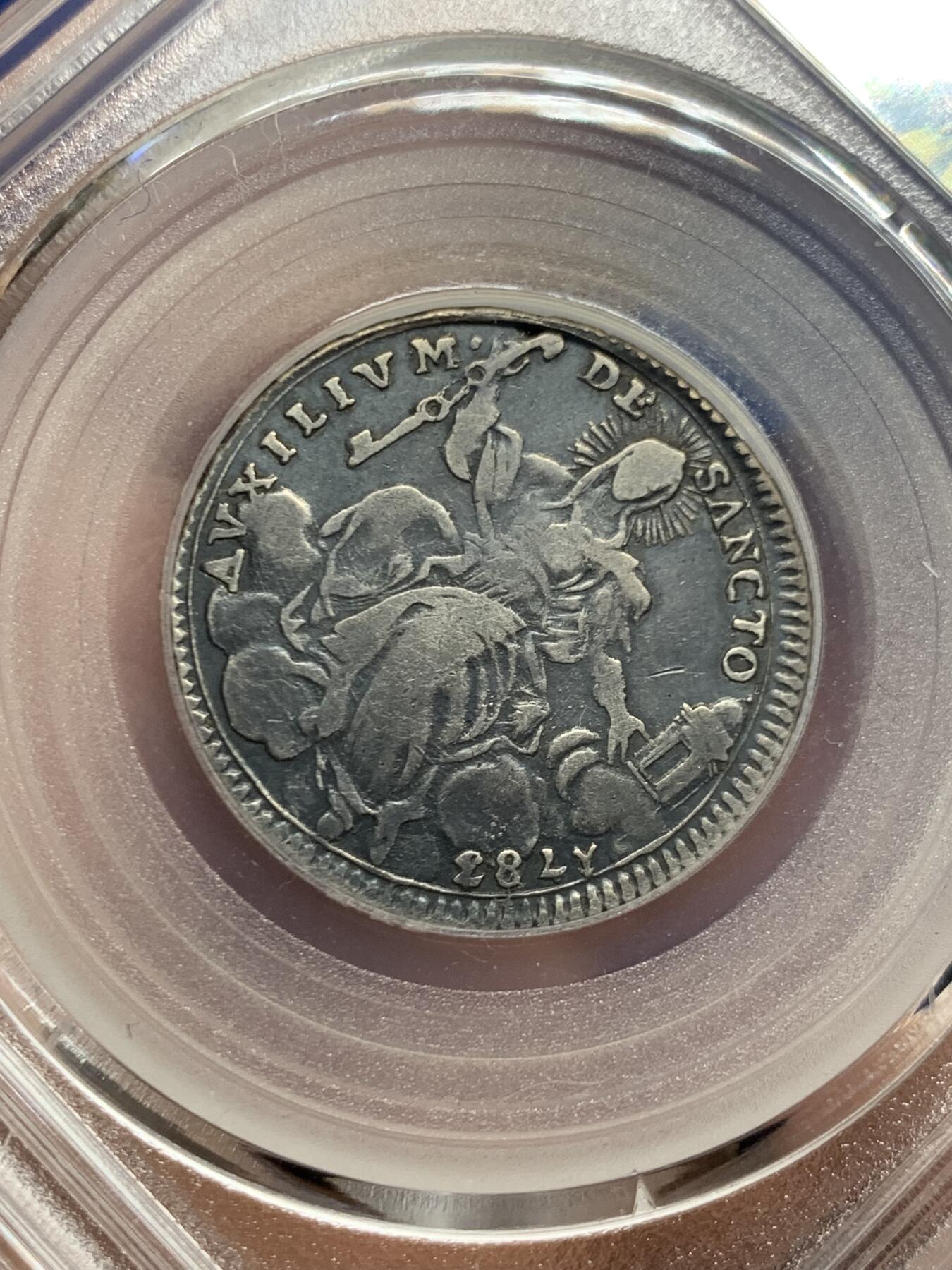 《竞宝斋》第445场 周日，周一，2场连拍 （全场包邮） 公博 真品 教皇国 1783年 1/5埃斯库多 银币 自然包浆 细节还可以 少见品种