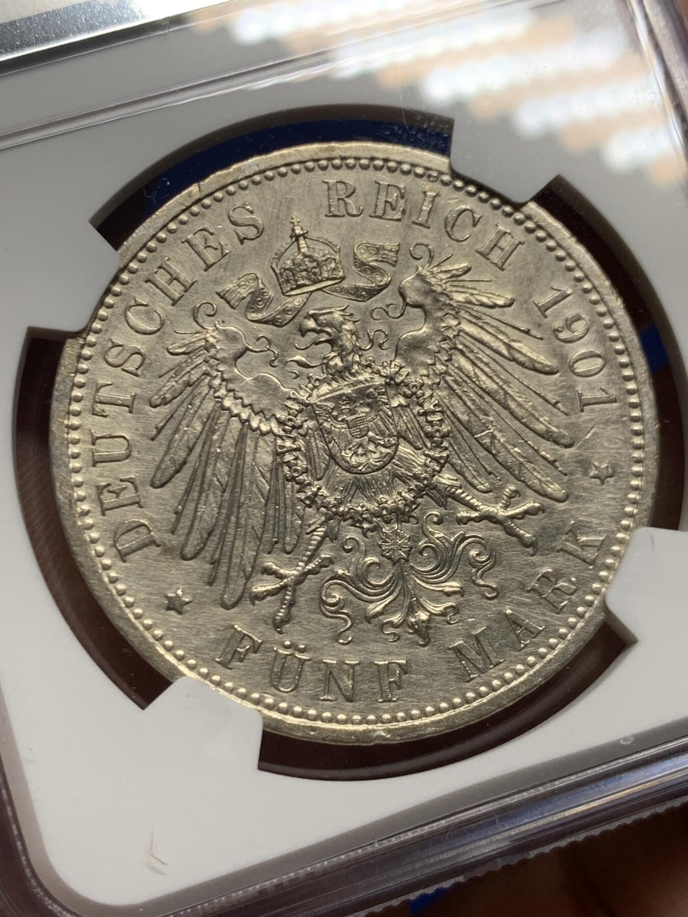 《竞宝斋》第445场 周日，周一，2场连拍 （全场包邮） NGC AUD 德国1901年普鲁士建国200周年5马克银币