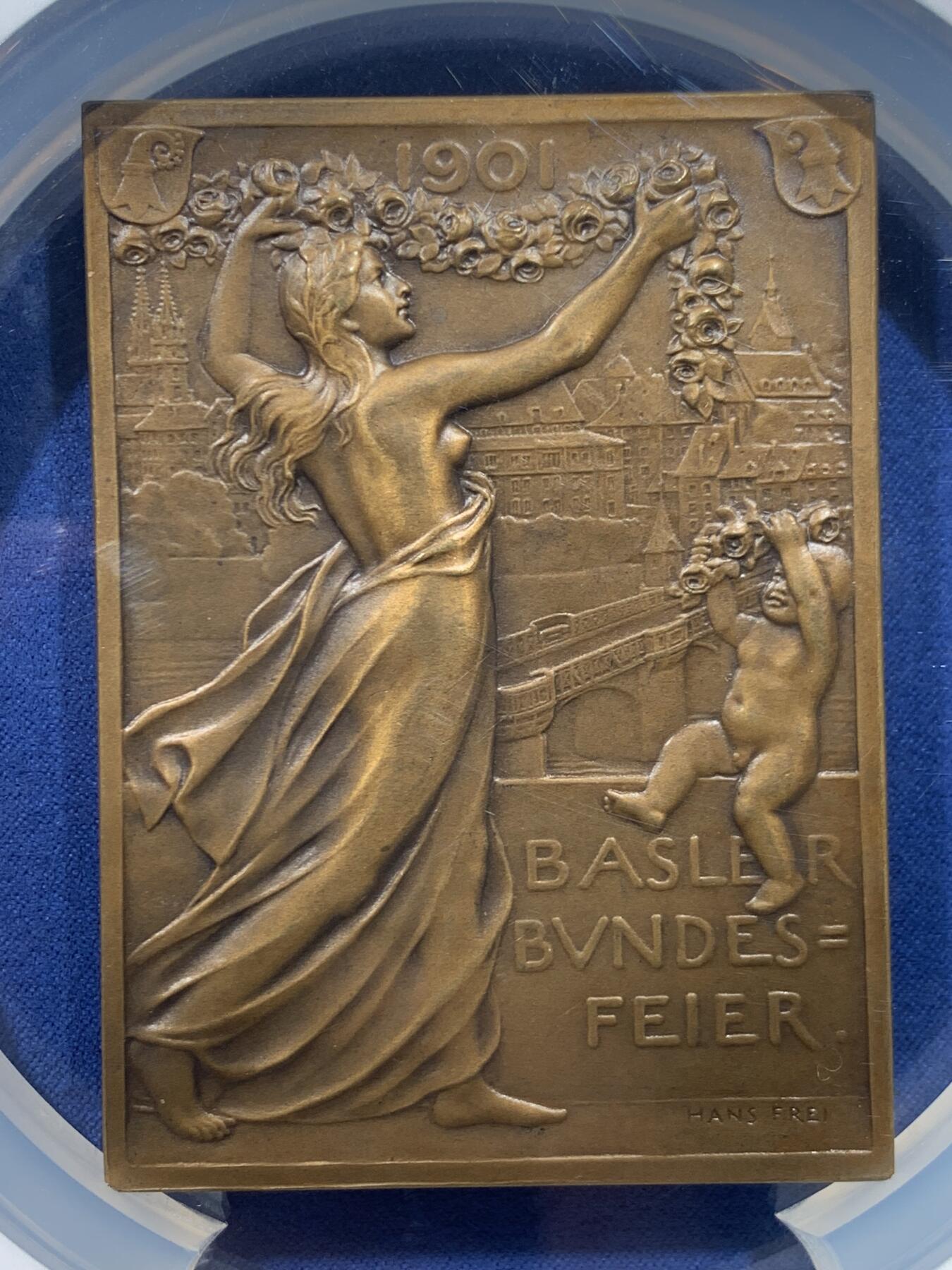 《竞宝斋》第445场 周日，周一，2场连拍 （全场包邮） 唯一冠军分 NGC MS65BN 瑞士1901年巴塞尔纪念加入瑞士联邦400周年方形大铜章 37X50MM 少见瑞士方形大规格纪念铜章 超大加厚盒