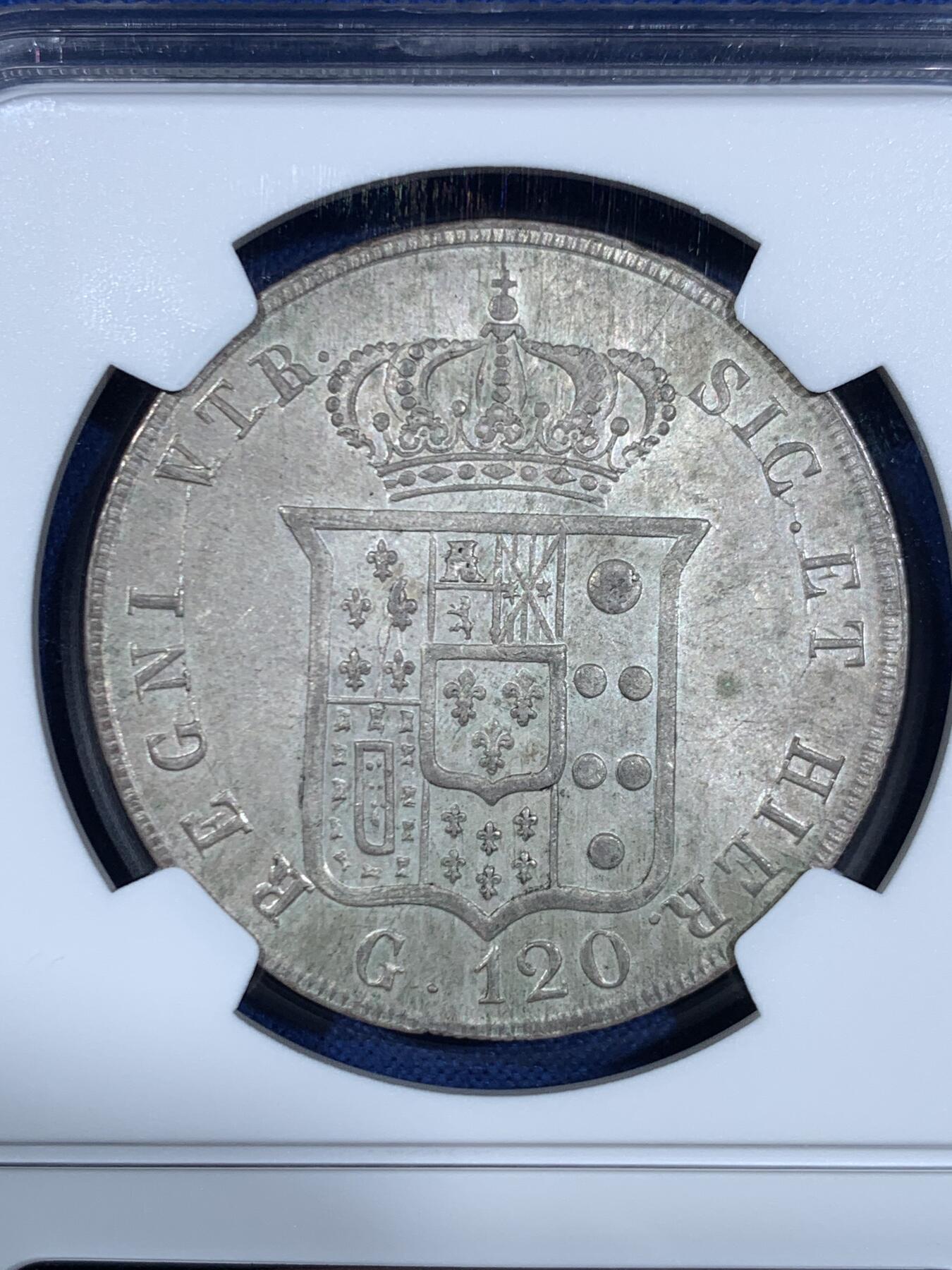 《竞宝斋》第445场 周日，周一，2场连拍 （全场包邮） NGC MS62 意大利1856年 那不勒斯西西里120G大银币 底光充沛 未见明显的减重痕迹 确实难得