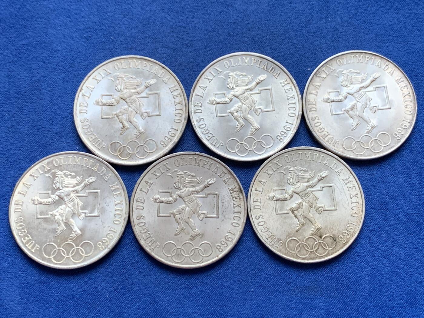 《竞宝斋》第445场 周日，周一，2场连拍 （全场包邮） 六枚一组 墨西哥1968年25比索奥运纪念银币 总重约134.7克