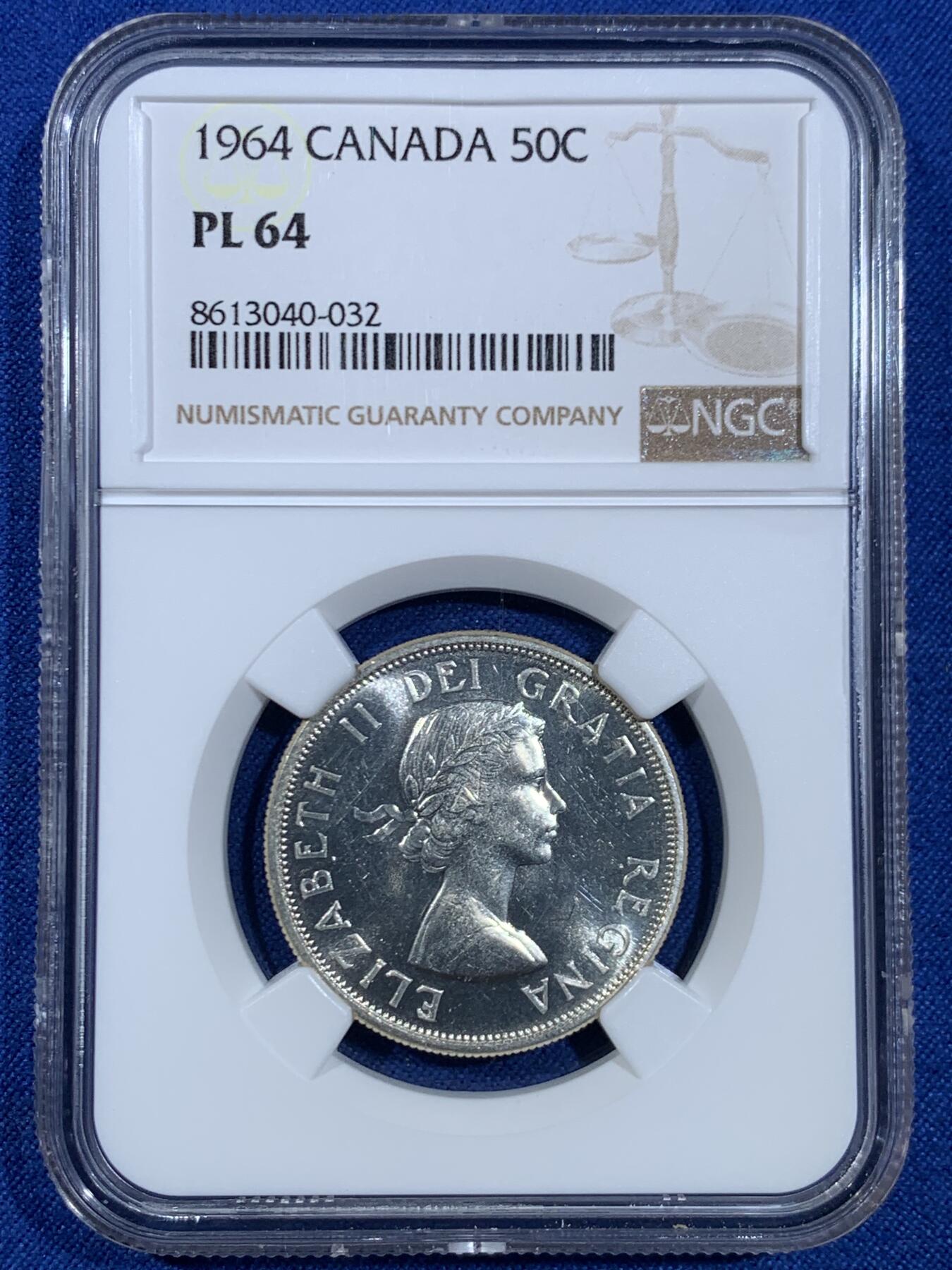 《竞宝斋》第445场 周日，周一，2场连拍 （全场包邮） NGC PL64 加拿大1964年50分银币 略有低评