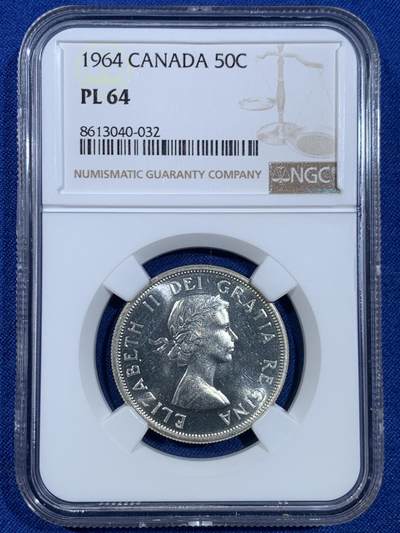《竞宝斋》第445场 周日，周一，2场连拍 （全场包邮） - NGC PL64 加拿大1964年50分银币 略有低评