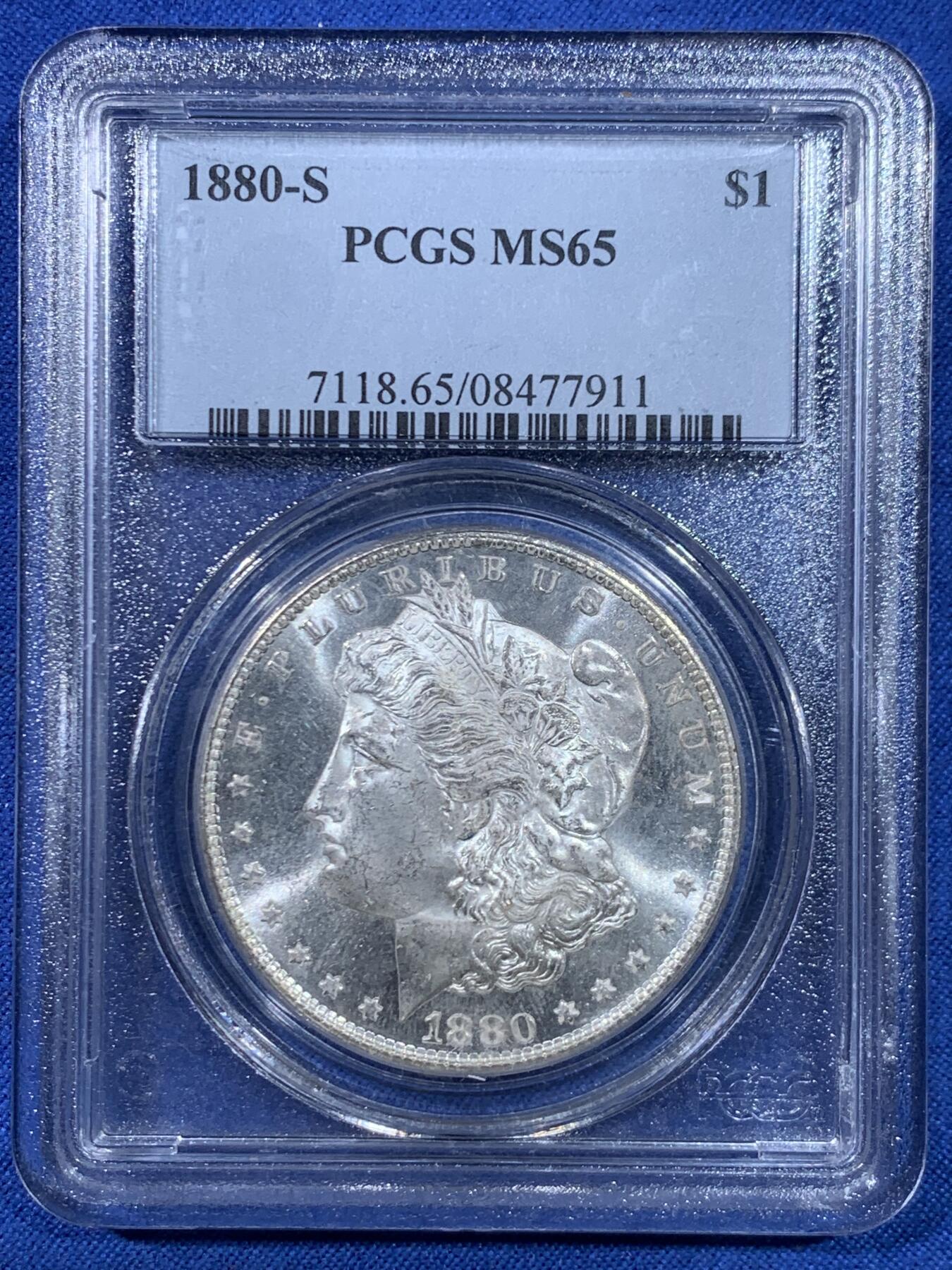 《竞宝斋》第445场 周日，周一，2场连拍 （全场包邮） PCGS MS65 美国 1880-S 摩根 1美元银币