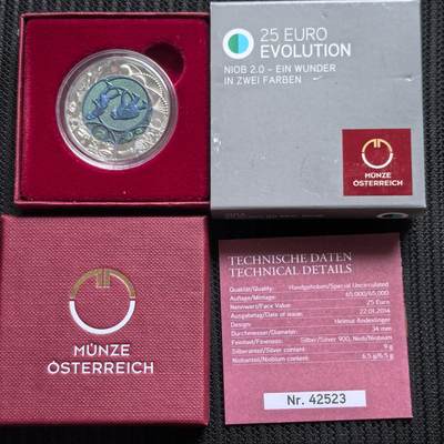 道一币馆币章第一百五十八场 - 原盒证 奥地利2014年生物的进化25欧元铌芯银币