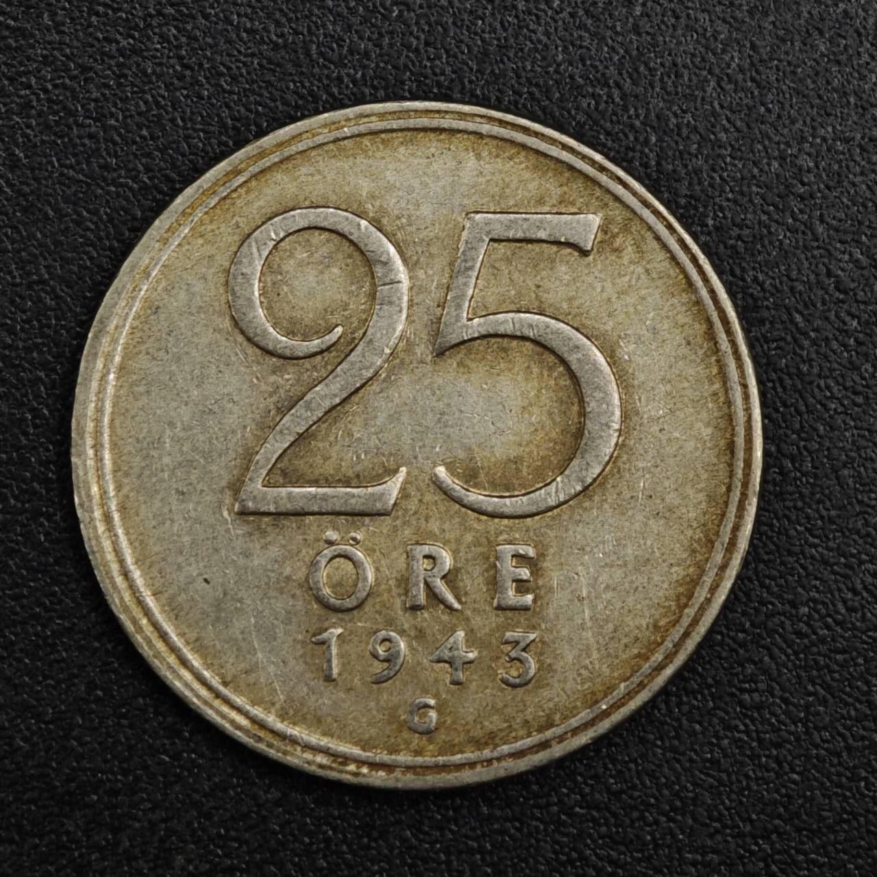 【淘币小摊】实时拍第八百二十一拍   散币场   满百包邮可预留二周 每周一统一发货   瑞典1943年25欧尔银币