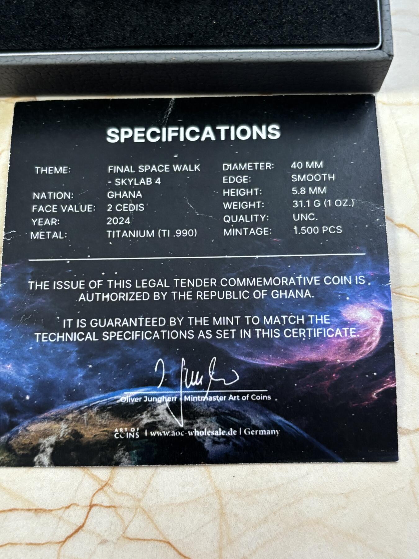 第185期拍卖 加纳2024年航天系列太空漫步钛金属彩色纪念币,发行1500枚