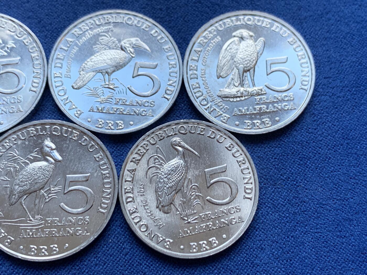 《竞宝斋》第445场 周日，周一，2场连拍 （全场包邮） 六枚一组 布隆迪2014年5法郎 不同鸟类币