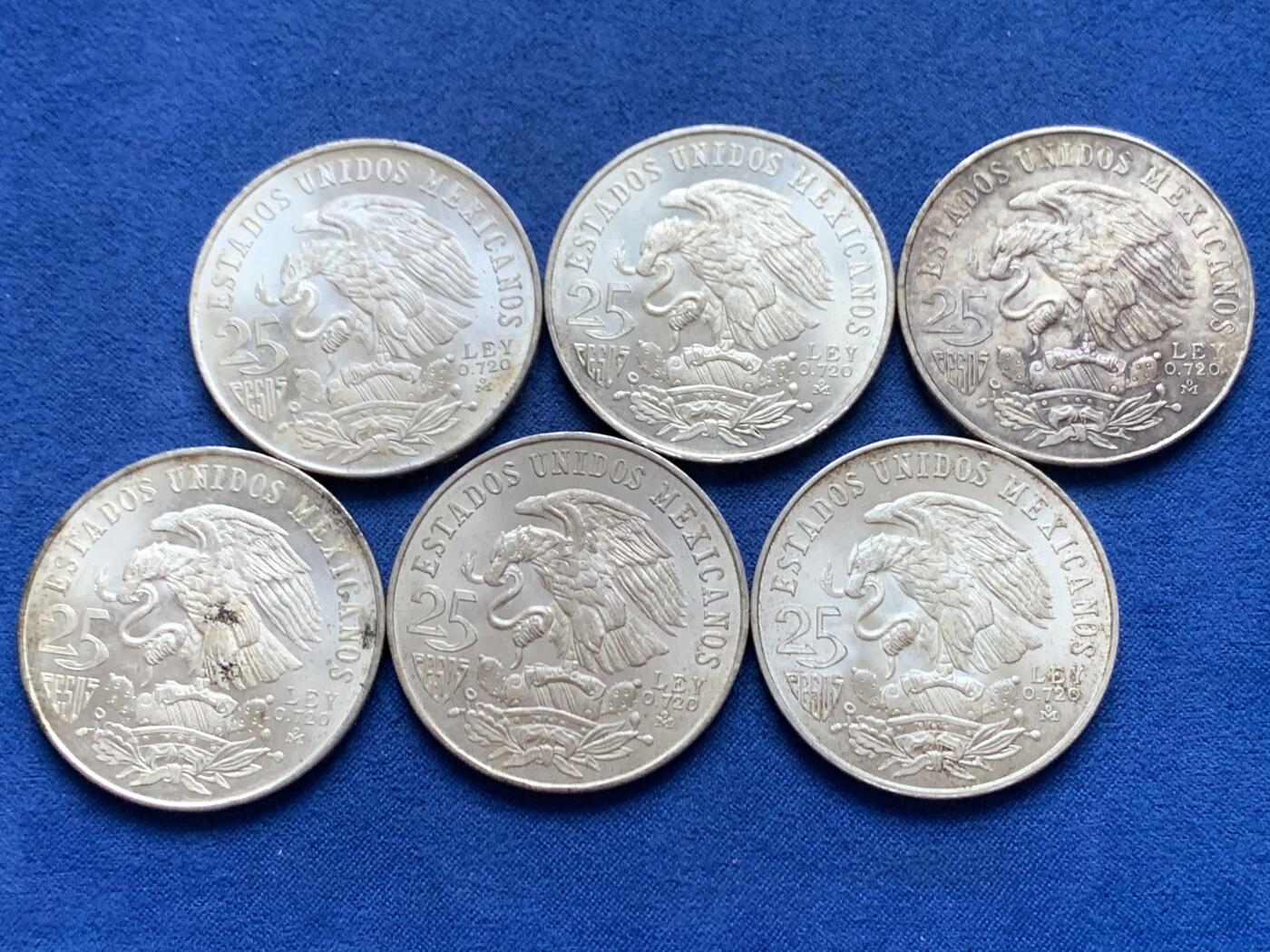 《竞宝斋》第445场 周日，周一，2场连拍 （全场包邮） 六枚一组 墨西哥1968年25比索奥运纪念银币 总重约134.7克