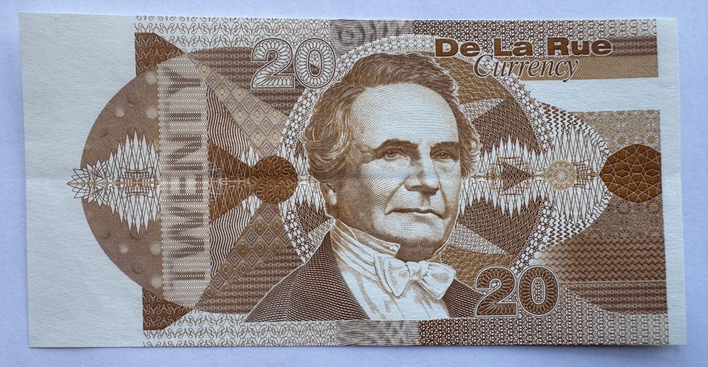 2025第25场（总第225期）：精品测试钞、塑料钞、纪念券、外钞综合场 德纳罗DLR  “查尔斯.巴贝奇～货币系列”20面值单面凹印测试钞（有中折）