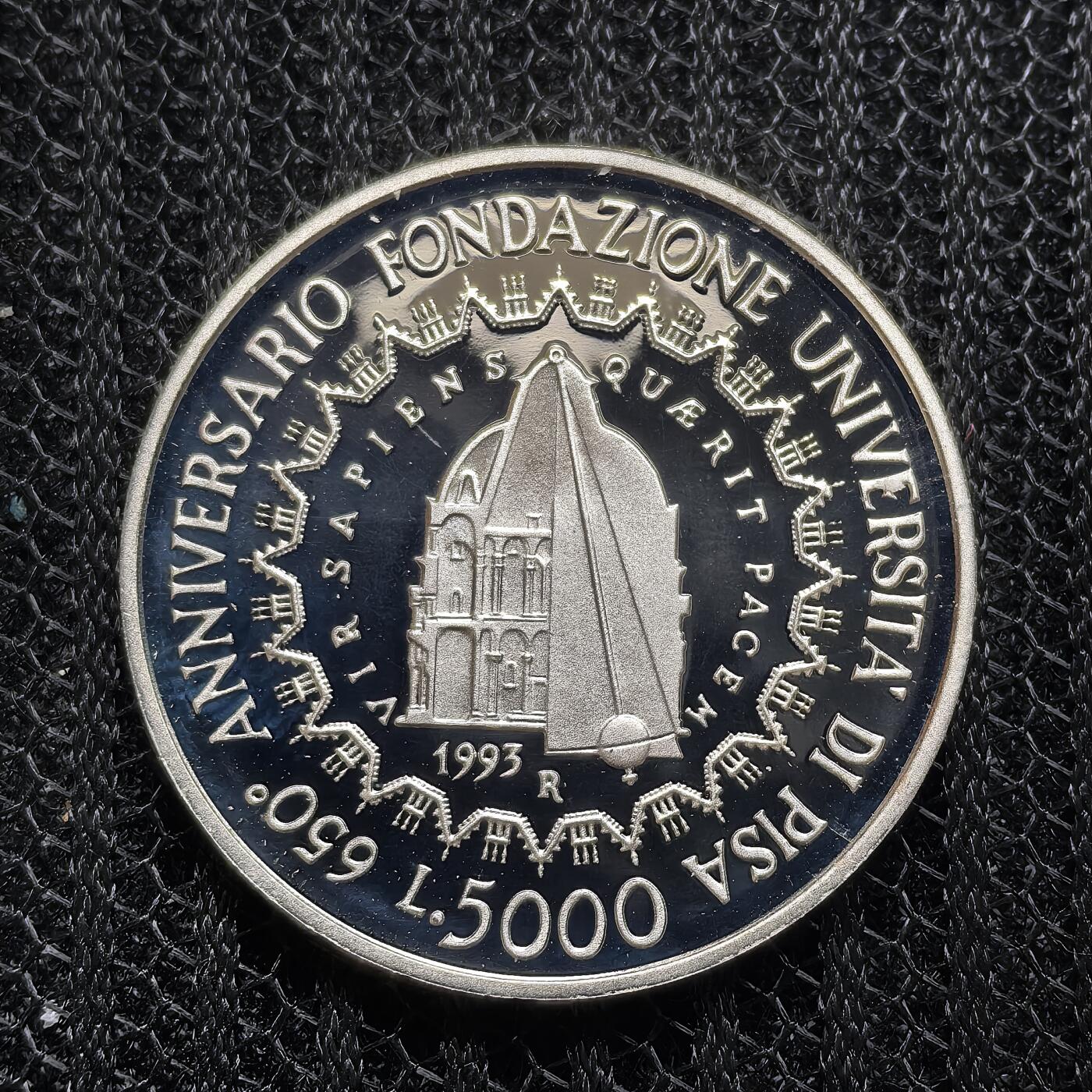 道一币馆币章第一百五十八场 原盒证 意大利1993年比萨大学建校650周年5000里拉精制银币 8500