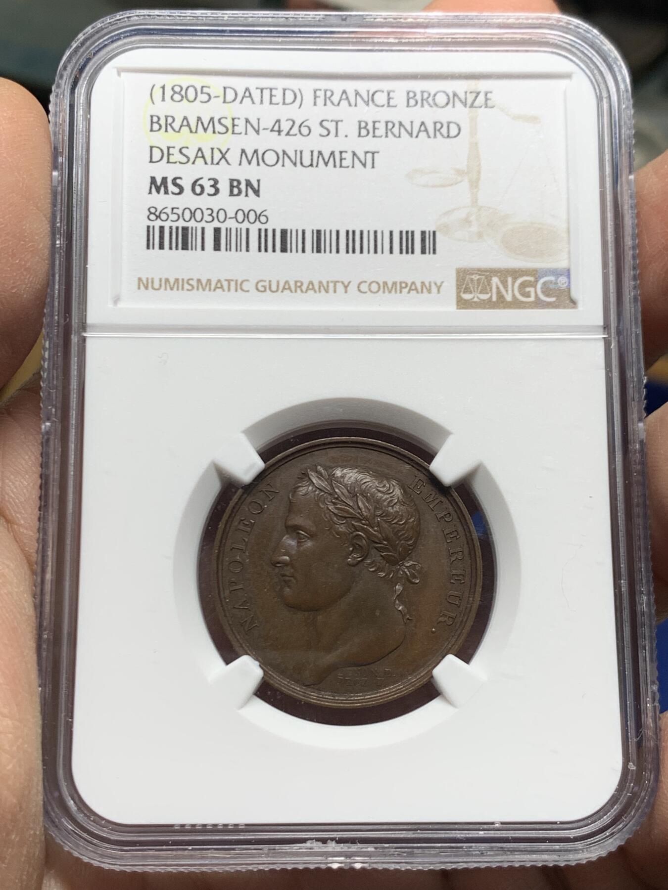 《竞宝斋》第445场 周日，周一，2场连拍 （全场包邮） NGC MS63BN 法国1805年拿破仑纪念德赛将军墓碑铜章 季军分
