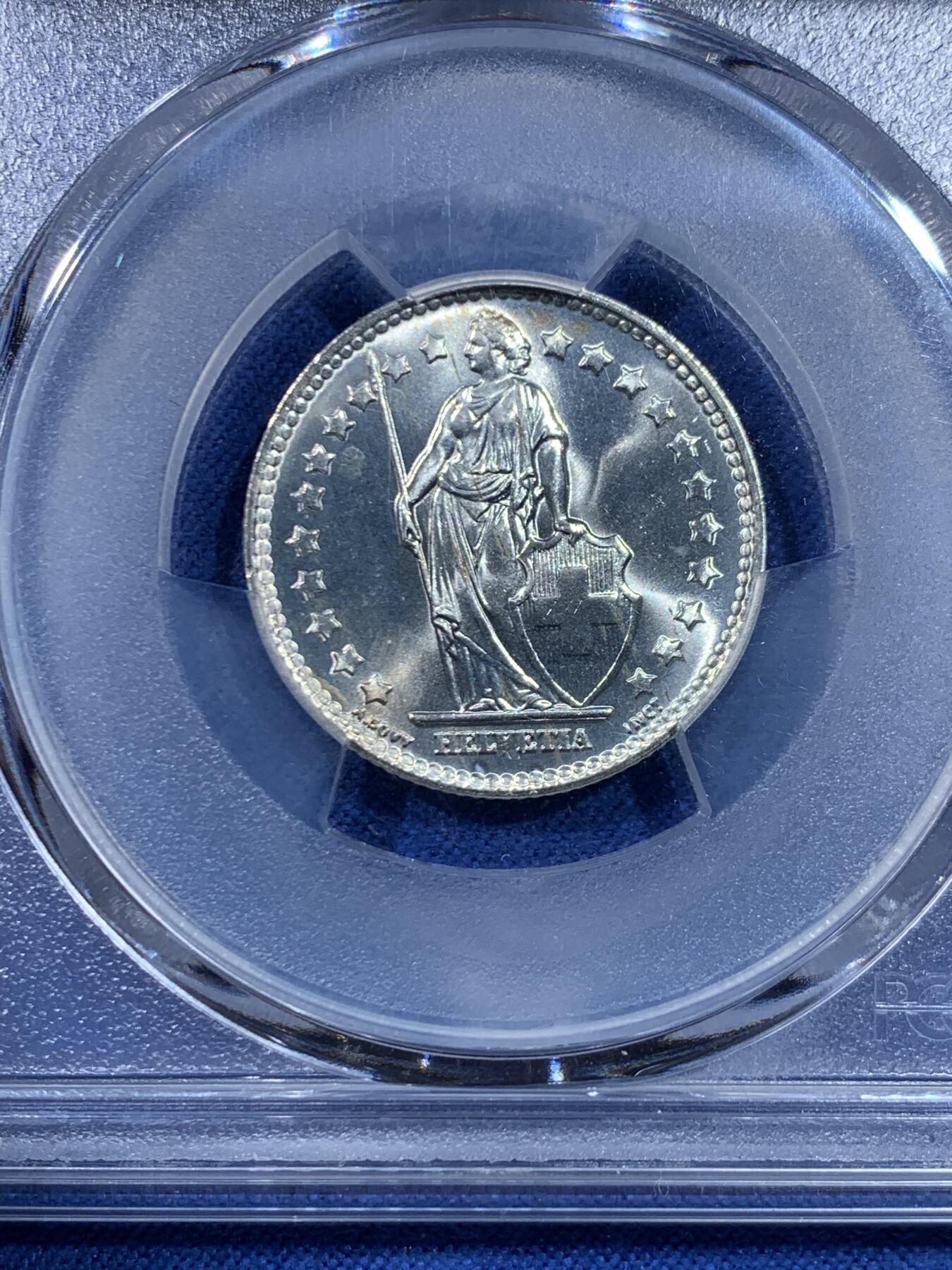 《竞宝斋》第445场 周日，周一，2场连拍 （全场包邮） PCGS MS66 瑞士联邦1960年女神持盾1法郎 银霜转光 GEM级 季军分