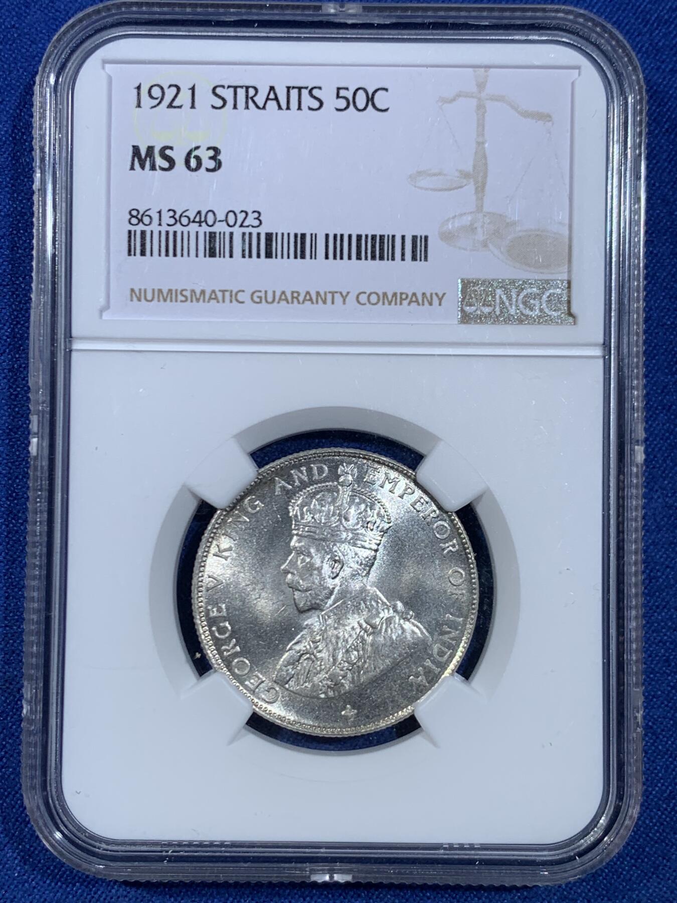 《竞宝斋》第445场 周日，周一，2场连拍 （全场包邮） NGC MS63 英属海峡1921年乔治五世50分银币