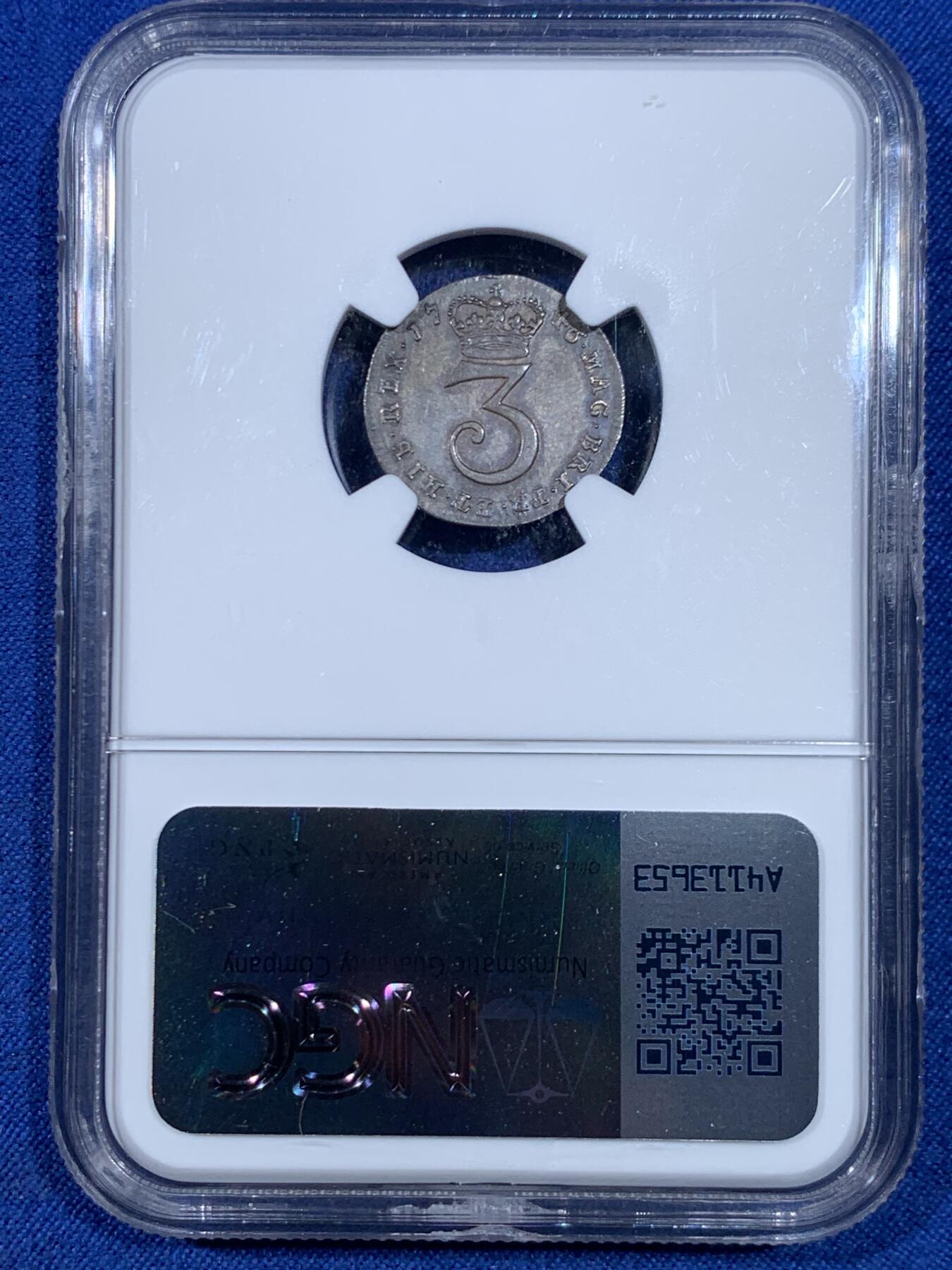 《竞宝斋》第445场 周日，周一，2场连拍 （全场包邮） 四枚一组 NGC AU55/MS63/MS62/UNCD 英国1746年乔治二世1/2/3/4便士银币 2便士盒子右下角有磕