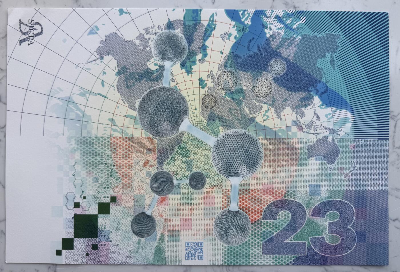 2025第25场（总第225期）：精品测试钞、塑料钞、纪念券、外钞综合场 瑞士SICPA 2023年“布鲁塞尔原子塔”超大尺寸单面深凹雕刻版新年贺卡册装UNC（册子签名版、右上角略不平整）