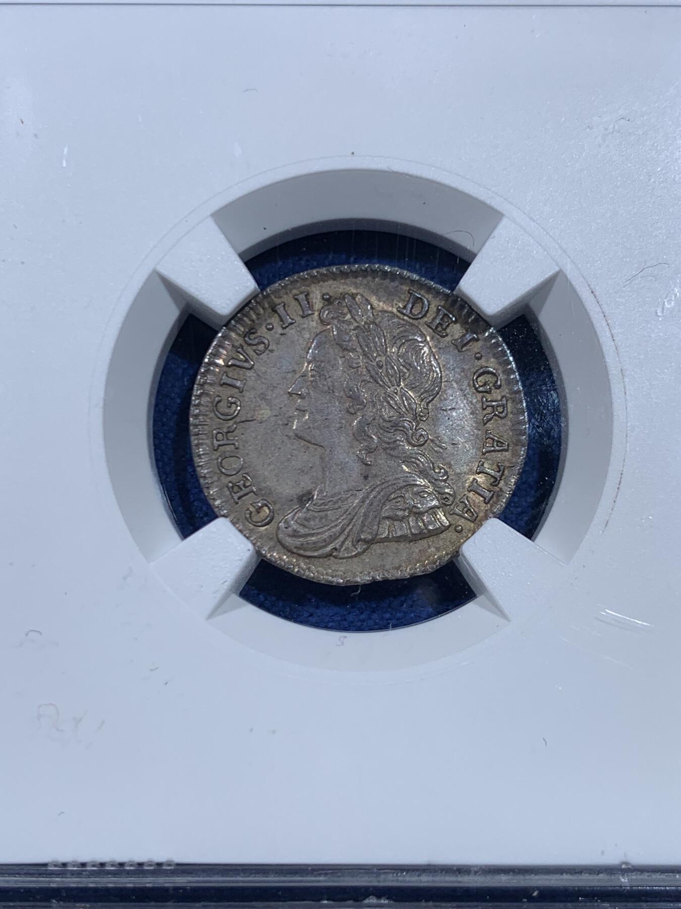 《竞宝斋》第445场 周日，周一，2场连拍 （全场包邮） 四枚一组 NGC AU55/MS63/MS62/UNCD 英国1746年乔治二世1/2/3/4便士银币 2便士盒子右下角有磕