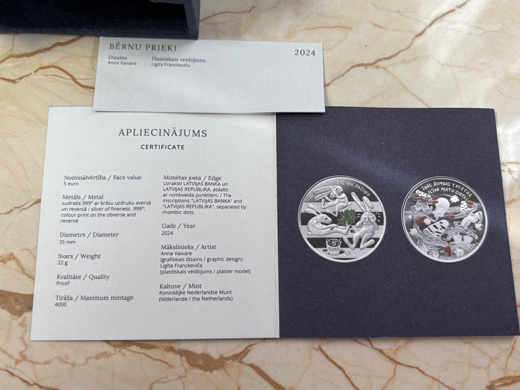 第185期拍卖 拉脱维亚2024年发行快乐童年局部彩色精制银币，999银，22克，发行4000枚