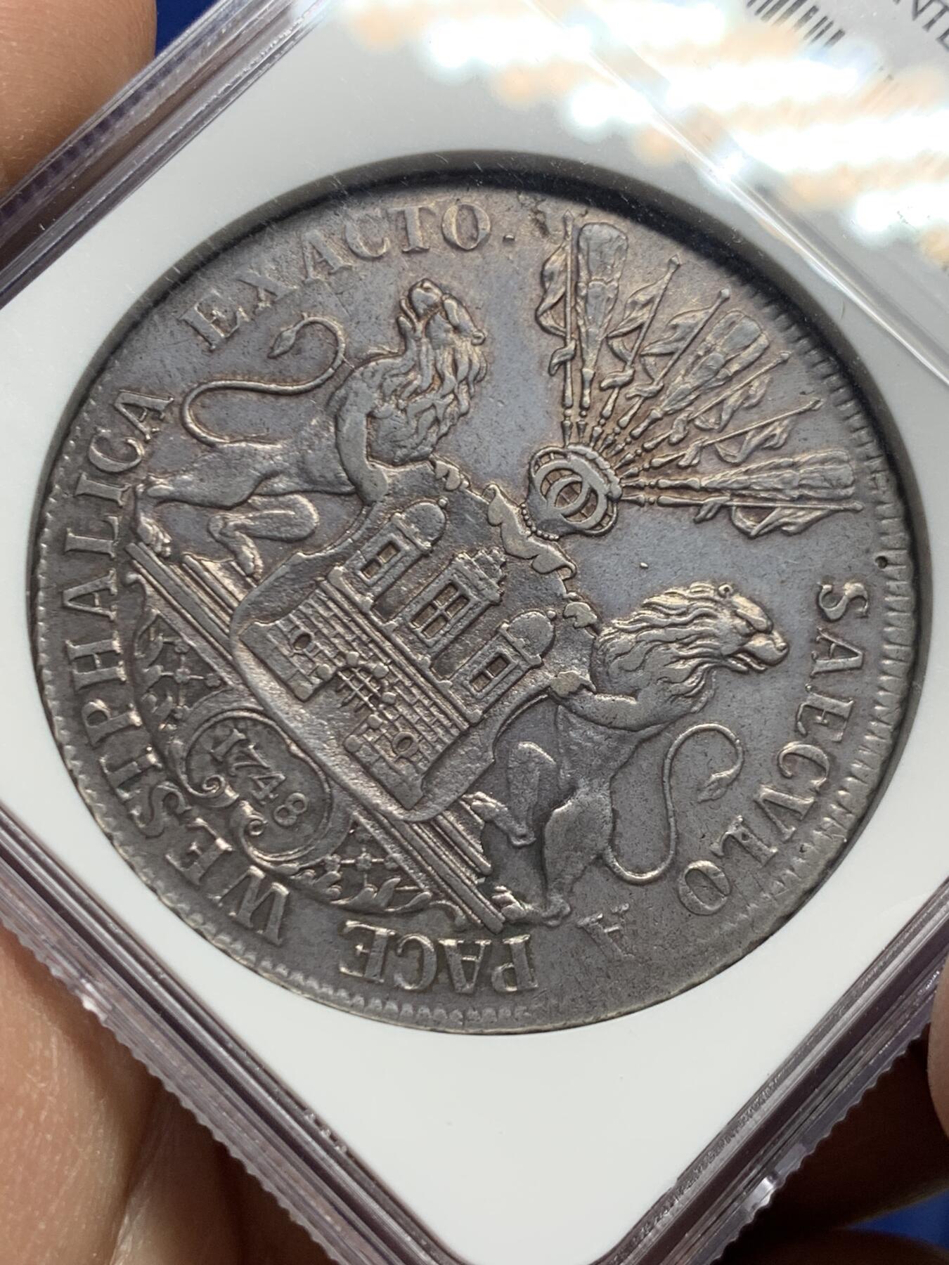 《竞宝斋》第445场 周日，周一，2场连拍 （全场包邮） NGC AUD 德国汉堡双狮1748年威斯特伐利亚和平100周年泰勒大银币