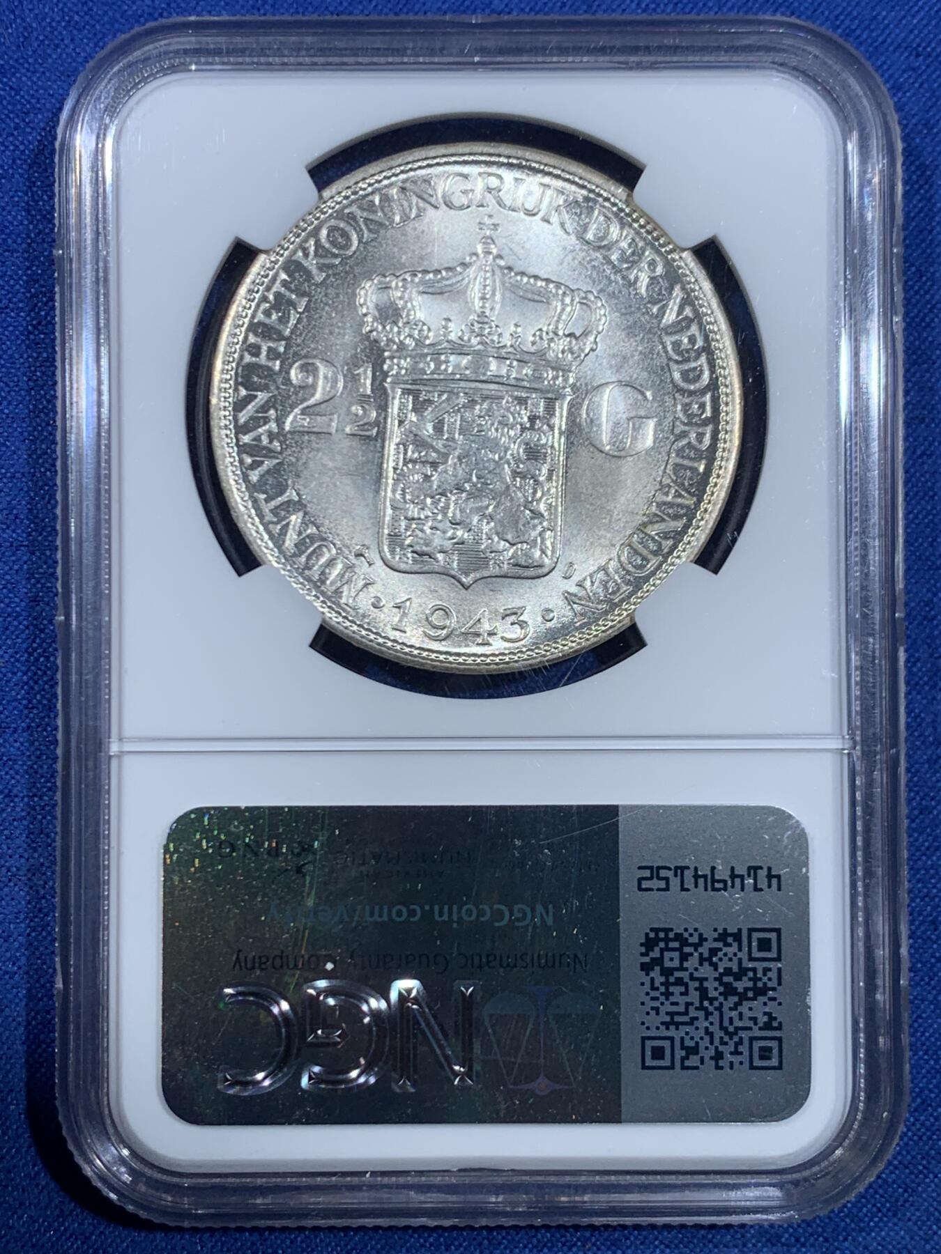 《竞宝斋》第445场 周日，周一，2场连拍 （全场包邮） NGC MS64 荷属东印度1943年2.5盾大银币