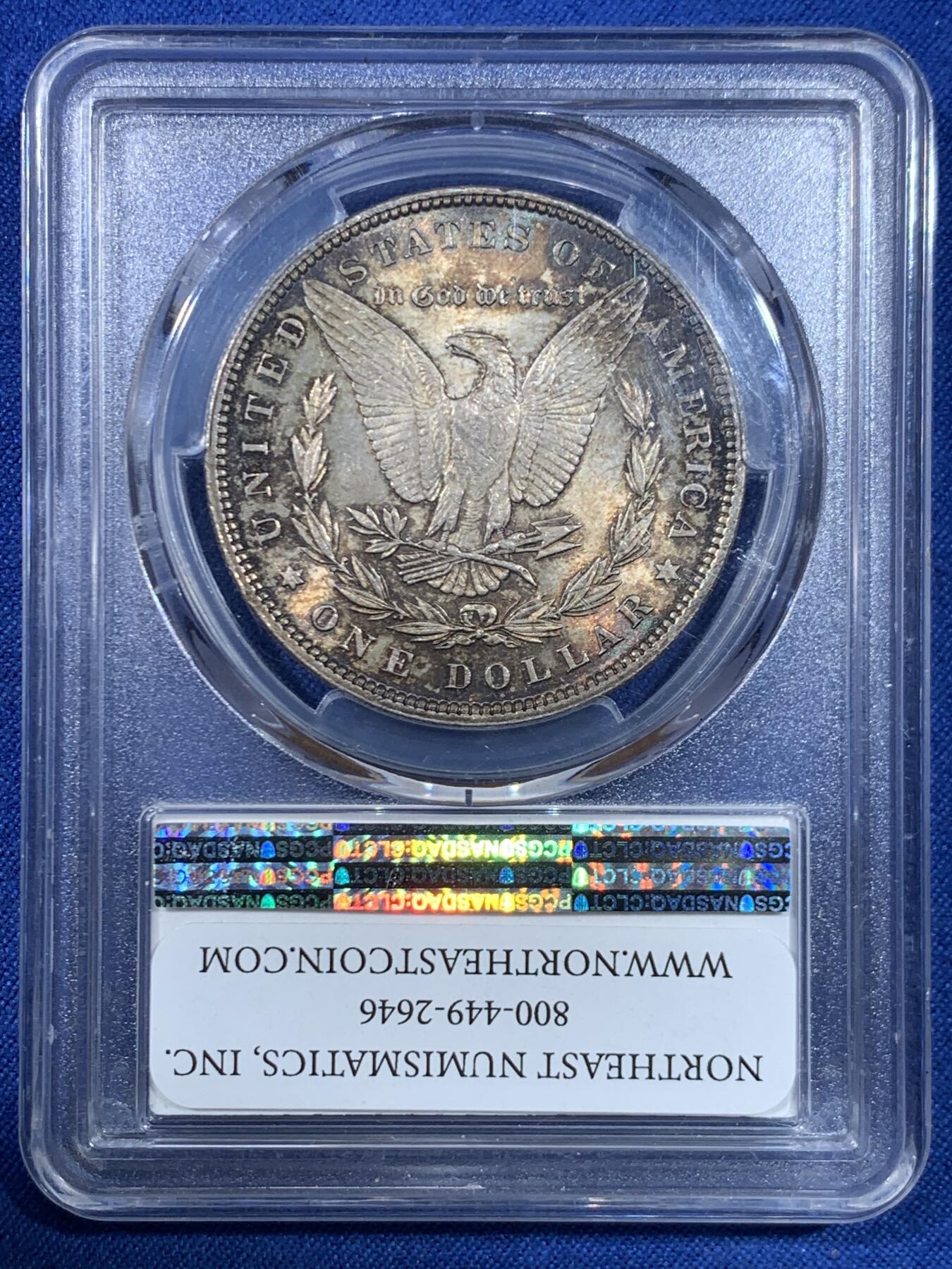 《竞宝斋》第445场 周日，周一，2场连拍 （全场包邮） NGC MS63 美国1896年摩根银币，五彩绚丽包浆，既是岁月的沉淀，又是独一无二的色彩，是收藏投资不二佳品