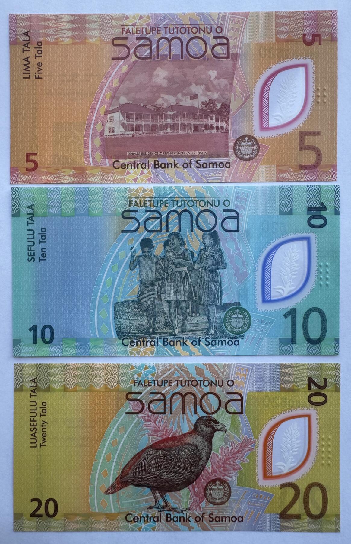 2025第25场（总第225期）：精品测试钞、塑料钞、纪念券、外钞综合场 首发百位爱情号0000520 萨摩亚2023年版5、10、20塔拉塑料钞一组3枚UNC