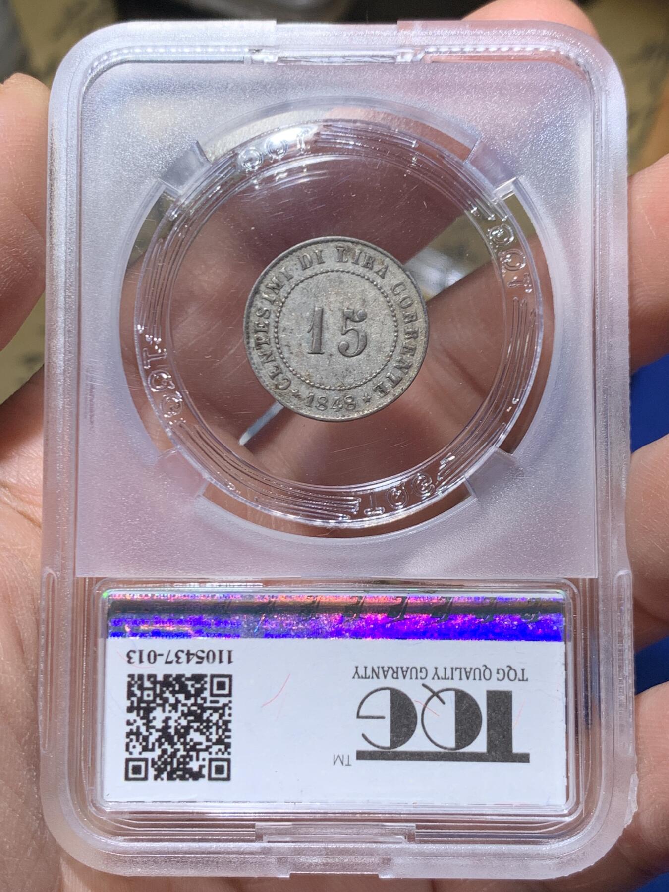 《竞宝斋》第445场 周日，周一，2场连拍 （全场包邮） TQG AU53 威尼斯革命政府 1848年 15分 银币 经典圣马可飞狮图案 1848年威尼斯市民起义后建立的短命政权 仅存在一年多 细节良好 少见品种